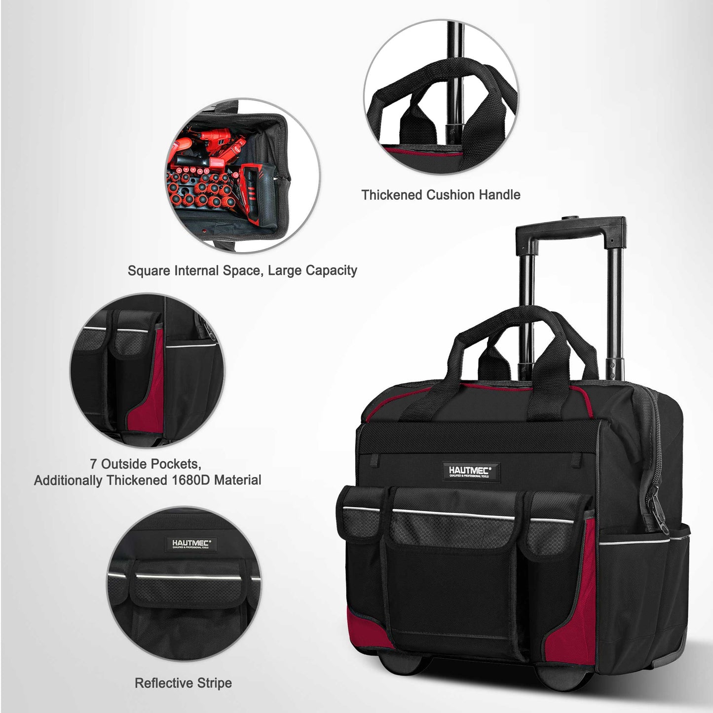 HAUTMEC 14.5" Rolling Tool Bag With Wheels Portable Tool Bag With Adjustable Telescoping Handle Wide Mouth Storage Organizer Perfect Mens Gifts, 600D Red, HT0179