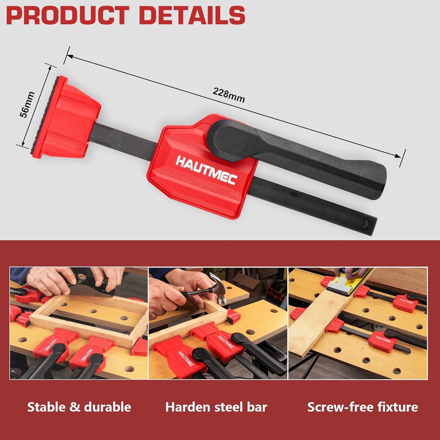 HAUTMEC Quick-Change Clamping Elements, Adjustable Desktop Bar Clamps, Bench Dog Clamps for Woodworking HT0276-CL