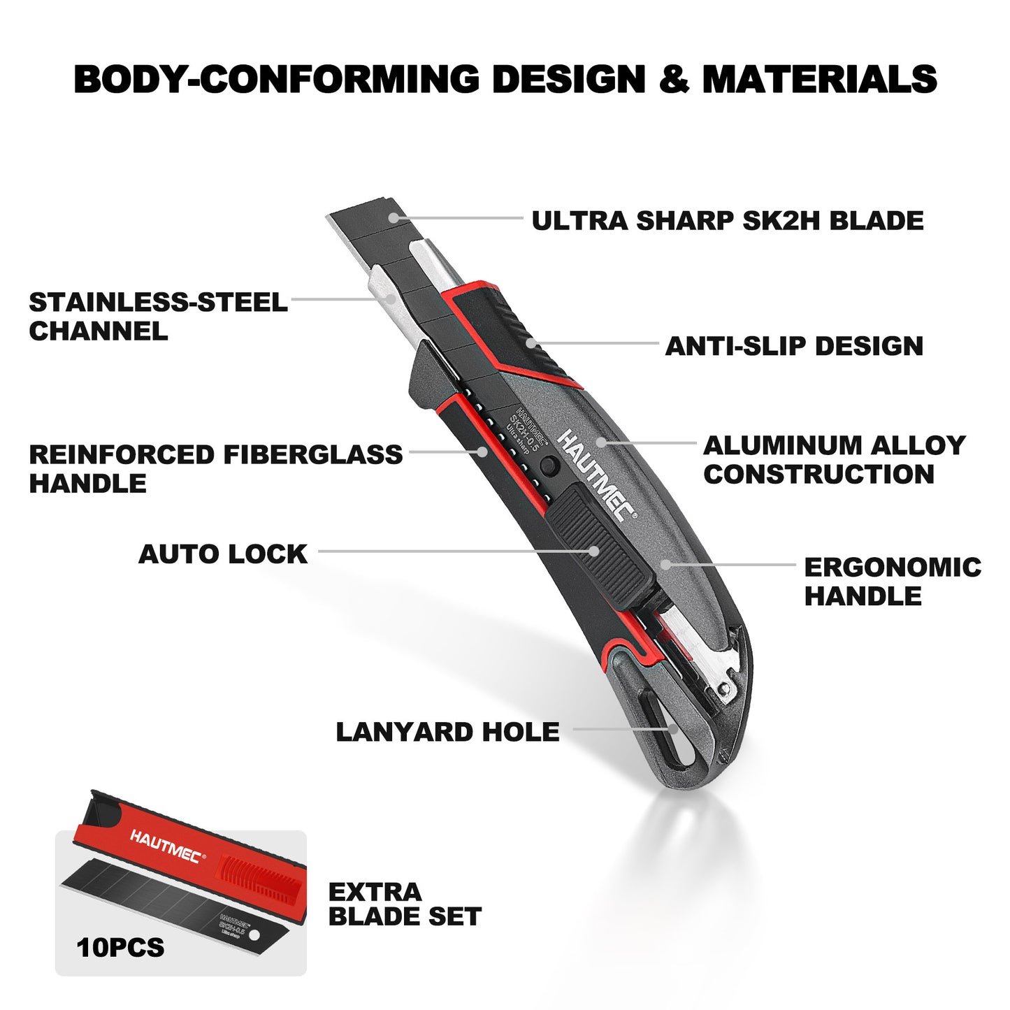 HAUTMEC Heavy Duty Utility Knife Box Cutter 18mm In Alluminum Alloy Shell, with Extra Ultra Sharp Black Sk2H 10 Blades in Safety Dispenser, Retractable and Auto-lock, HT0413-KN