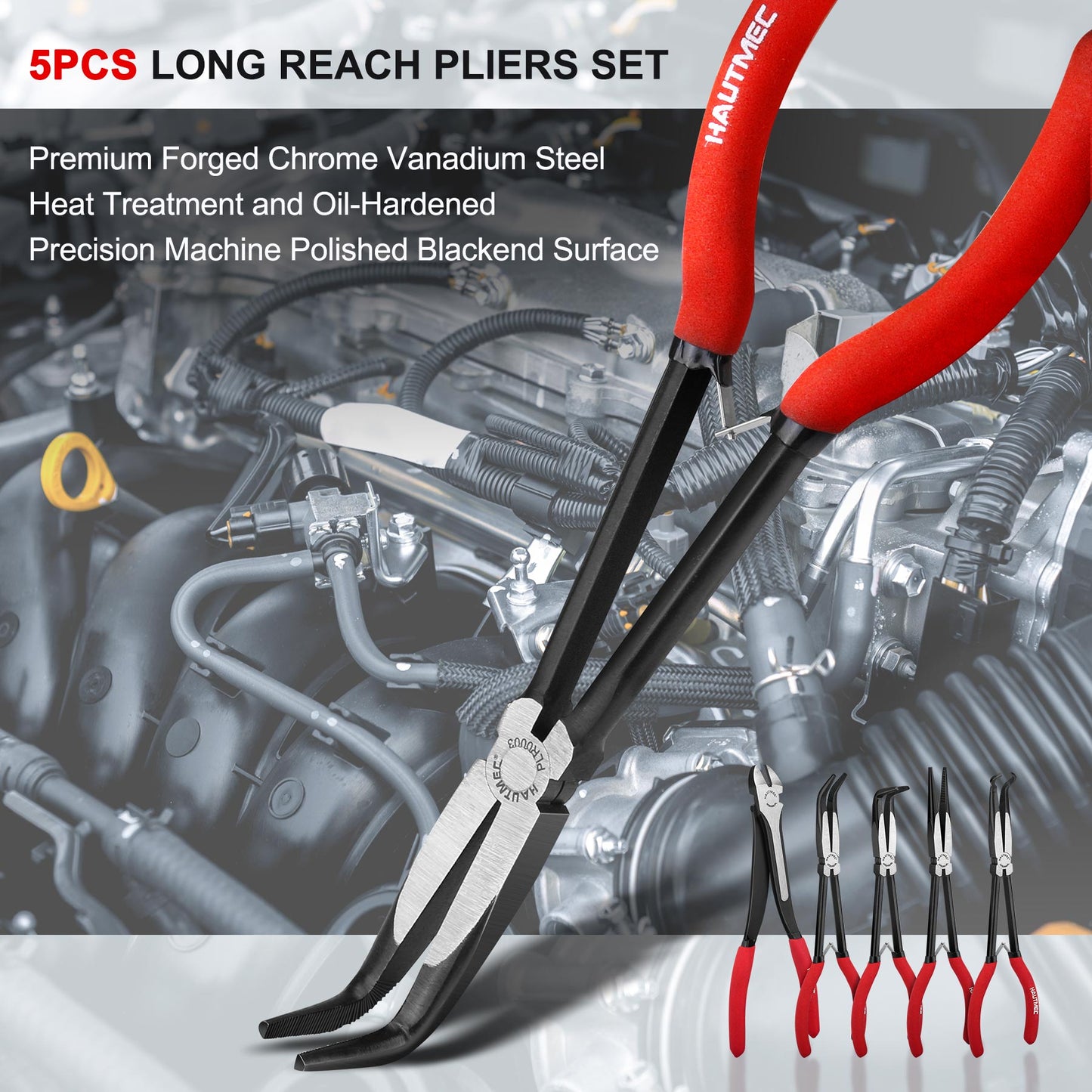 HAUTMEC 5Pcs 11Inch Heavy Duty Long Reach Pliers Set, Spring Loaded, Including Diagonal Cutting Pliers, Hose Gripping Pliers, Straight and 45/90 Degree Bent Long Nose Pliers HT0316