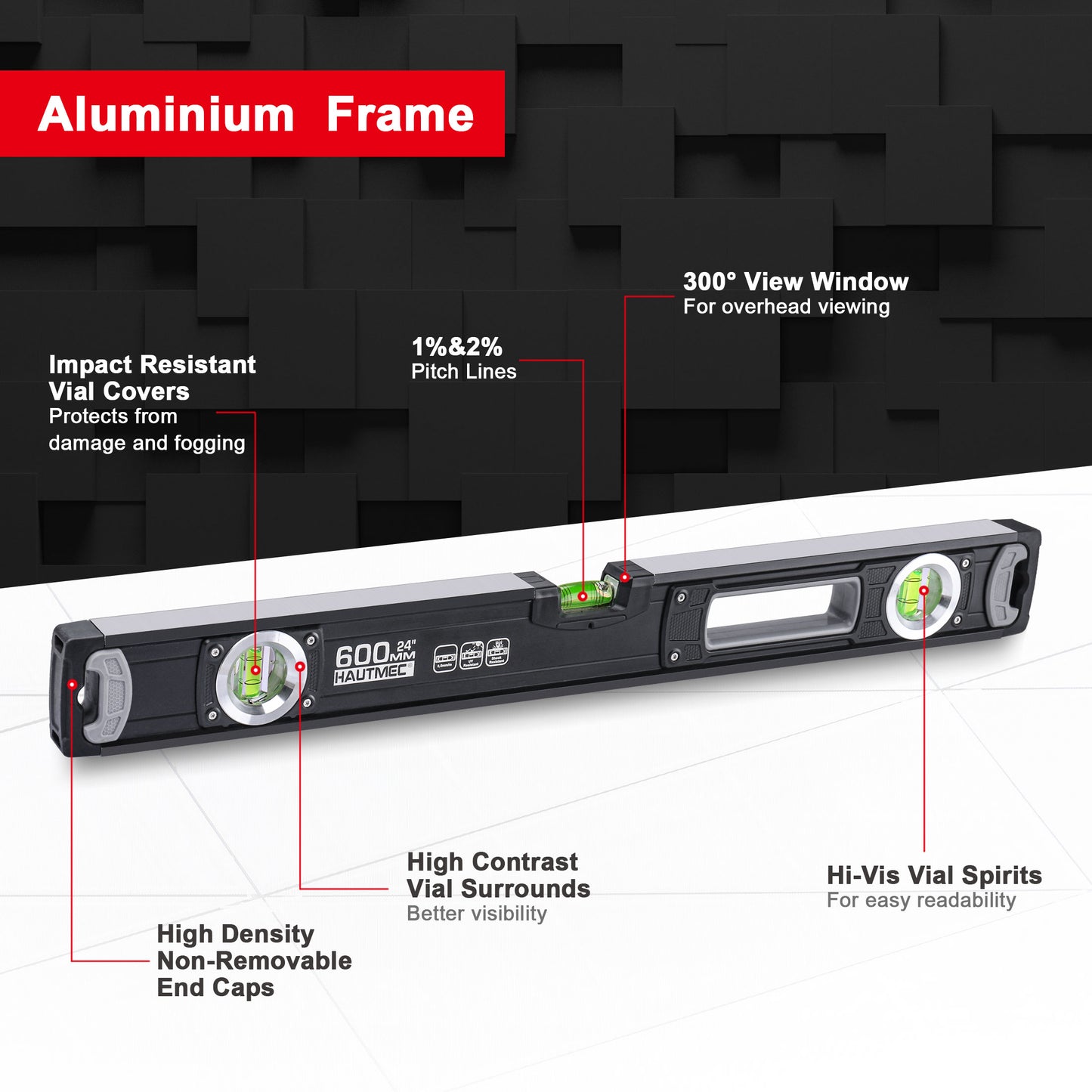 HAUTMEC 24-Inch Box Beam Spirit Level,Heavy Duty Aluminium Frame with 3 Bubble Vials HT0118-LE
