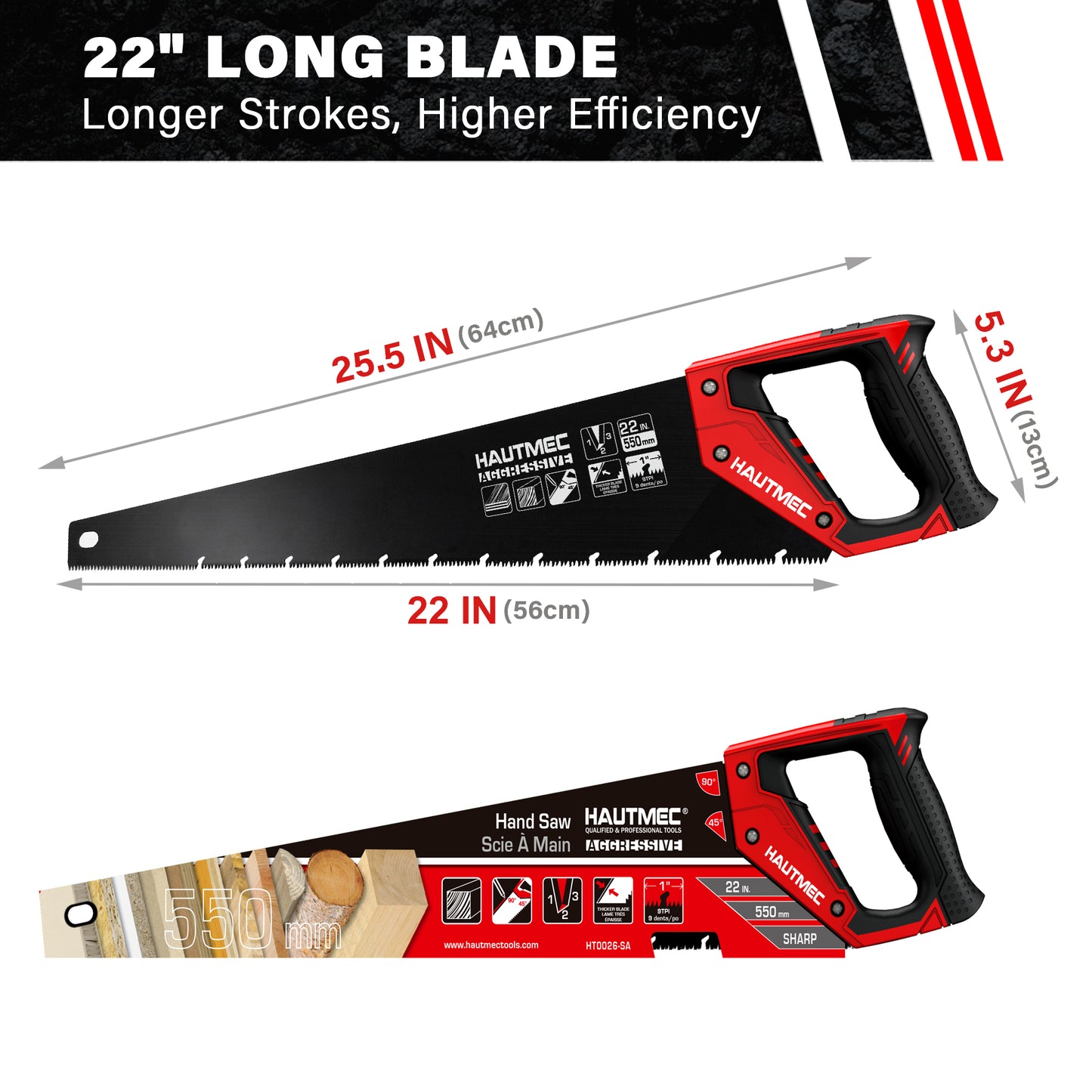 HAUTMEC 22-Inch Aggressive Hand Saw, Ergonomical Handle, Rust-proof Wood Saw With Chip Removal Design, for Heavy Duty Sawing, Trimming, Gardening of Wood, Drywall, Laminate And Plastic HT0026-SA