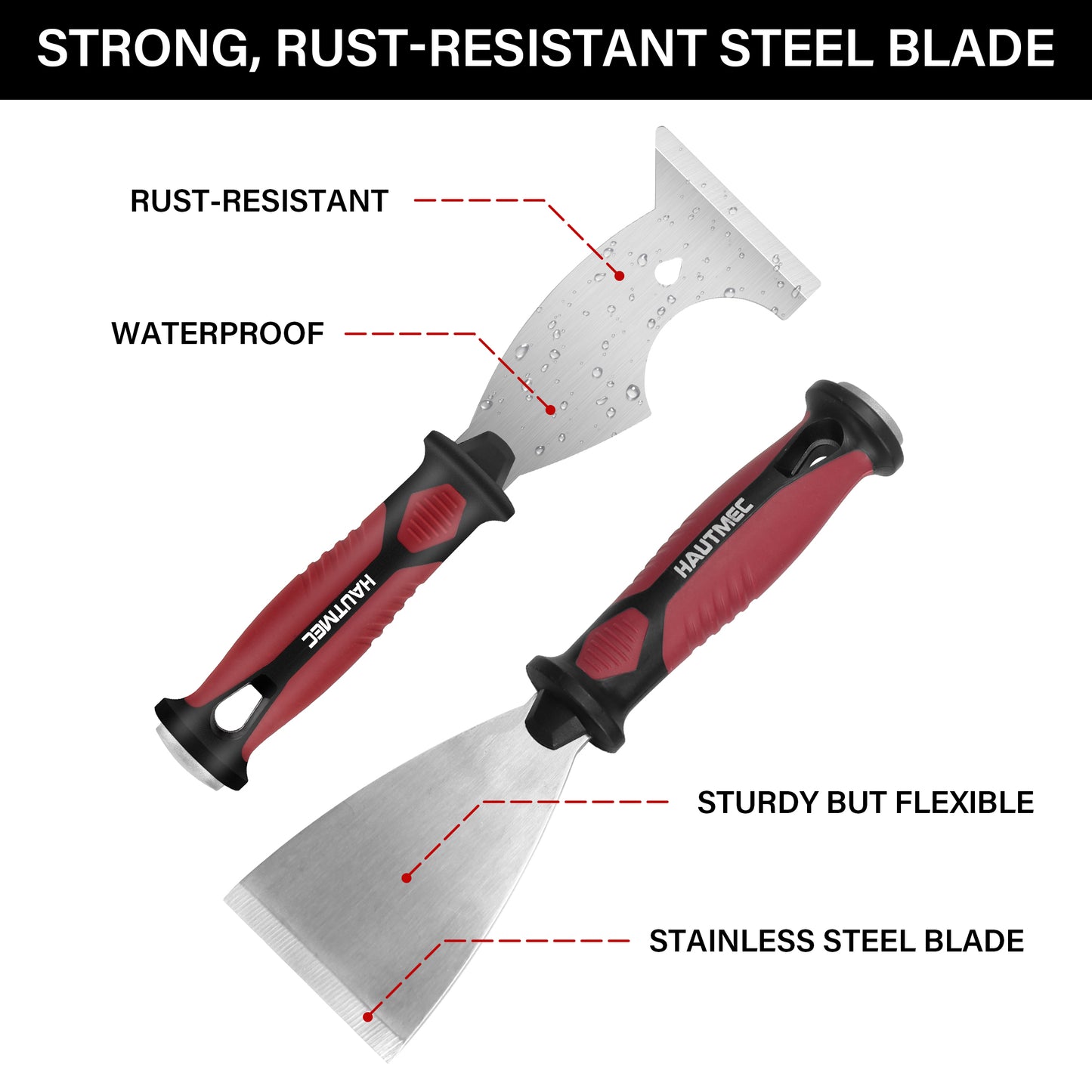 HAUTMEC Putty Knife 4 PC Set, 1.25",2",3" Paint Scraper & 3" 8-in-1 Paint Stripper, Heavy Duty Stainless Steel Blade and Hammer End for Removing Wallpaper, Plaster, Cement HTPSH25060