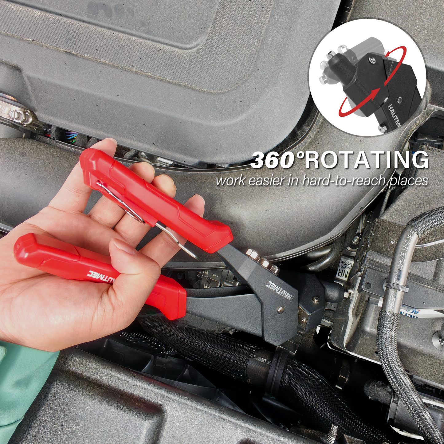 HAUTMEC 360° Swivel Head Rivet Gun with 120 Rivets 3/32"(2.4mm) 1/8"(3.2mm) 5/32"(4.0mm) 3/16"(4.8mm) and 4 Manual Interchangeable Rivet Heads HTRTM25062