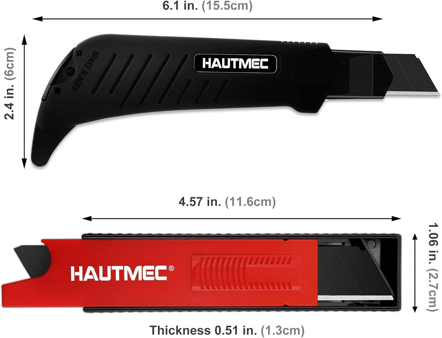HAUTMEC 18mm Heavy Duty Utility Knife with Multi-Pick and 10pcs Blade set, Snap Off Ultra-Sharp Black Retractable Box Cutter, Ratchet & Soft-grip Cutter HT0249-KN