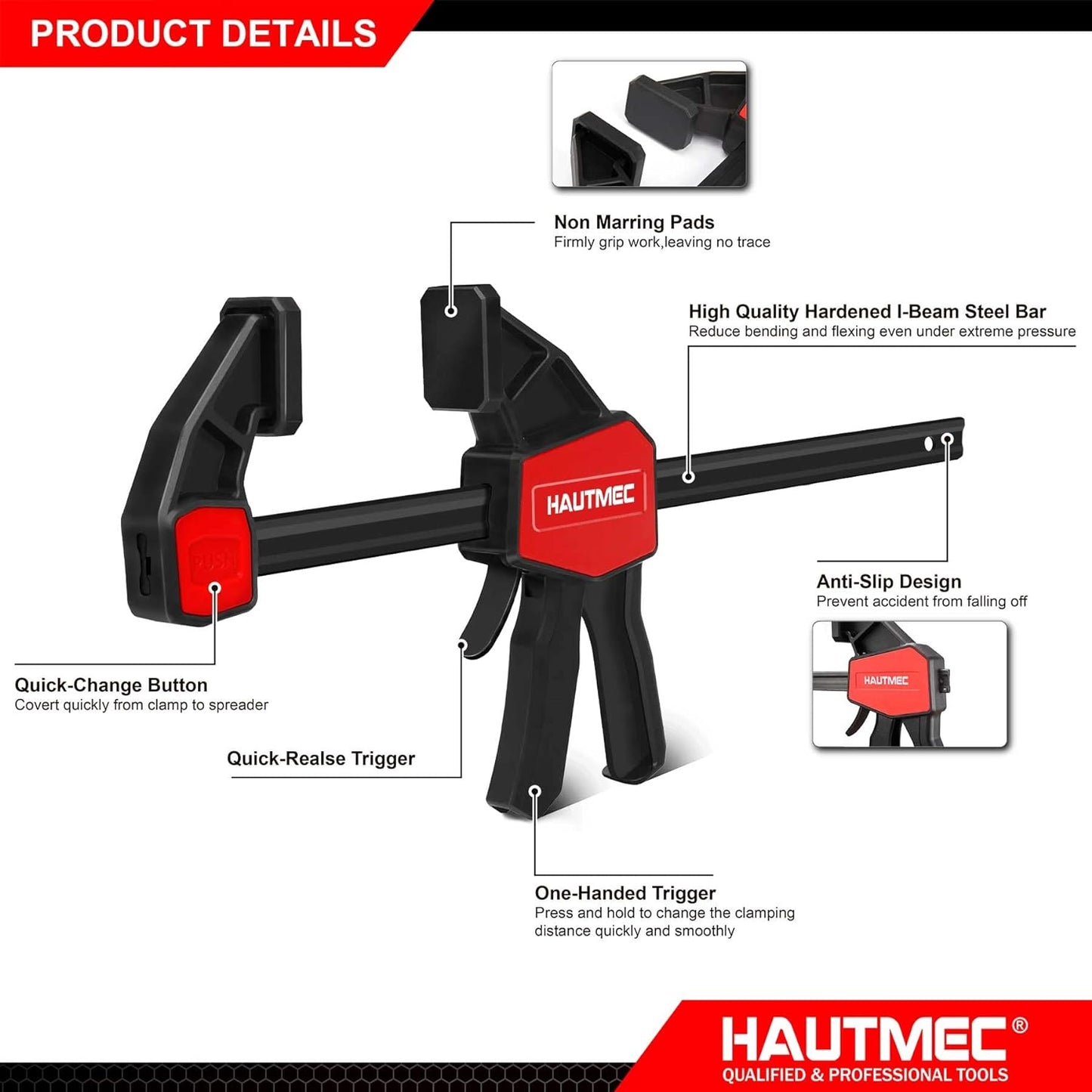 HAUTMEC 6-Piece Bar Clamps for Woodworking,12Inch x 2,4 Spring Clamps,Light-Duty Quick-Change With One-Handed Design HT0326
