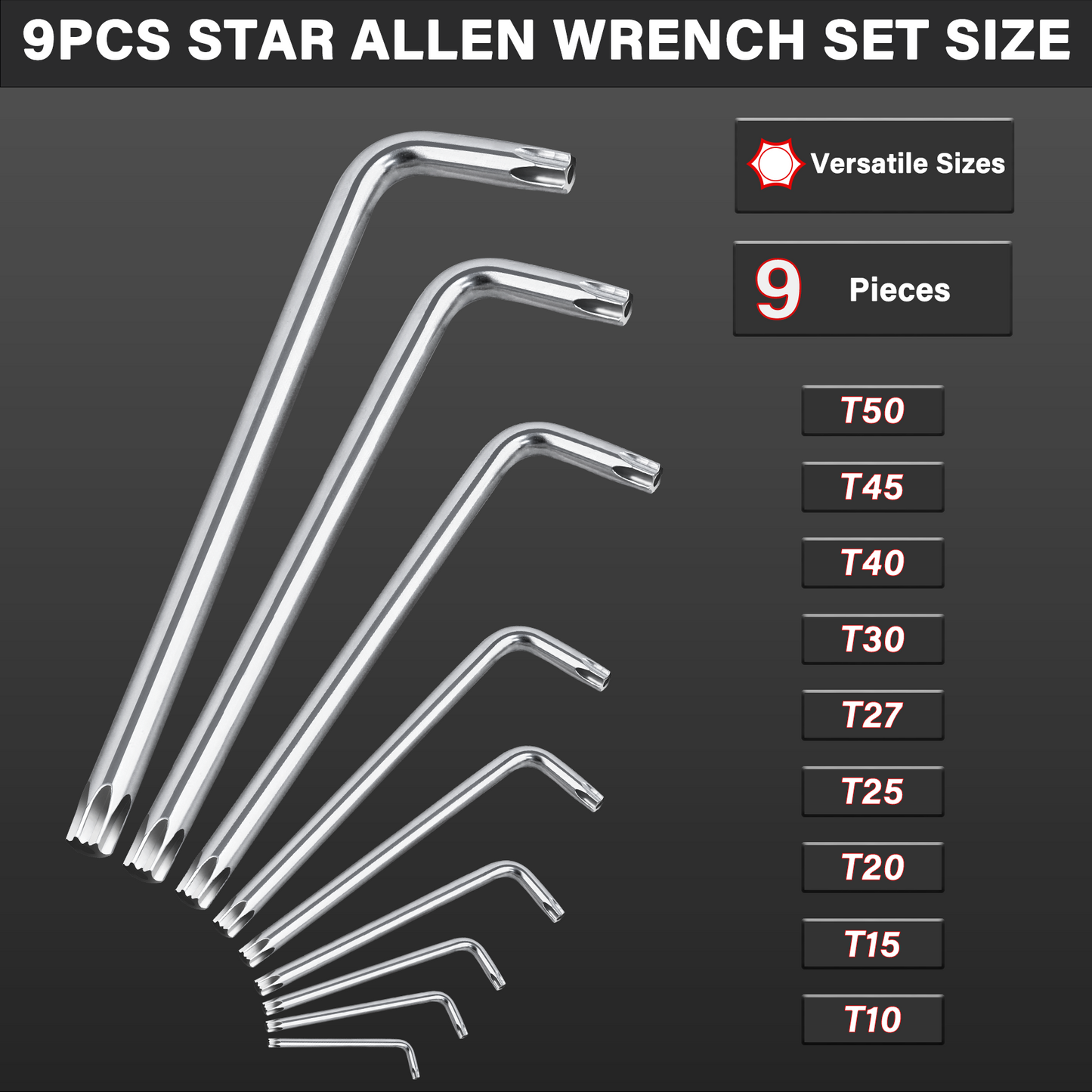 HAUTMEC Star Key Wrench Set, 9-Piece Torx Star Wrenches- Chrome Vanadium Steel and Drilled tips for Tamper Resistant Fasteners, HT0222-SS