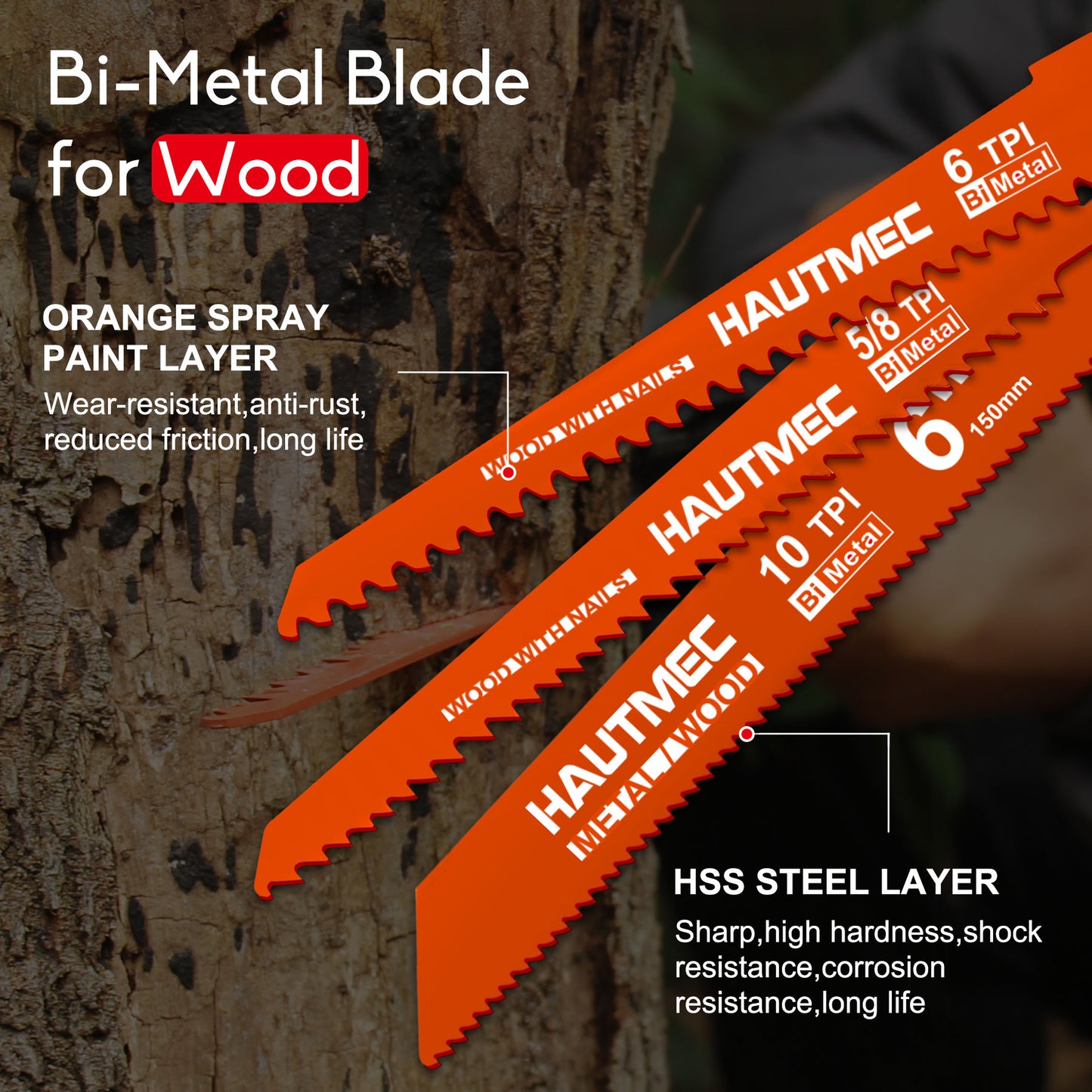HAUTMEC 6-Inch Reciprocating Saw Blades，Bi-Metal Sawzall Blades,Pruner Saw Blades 6-Pieces Set for Wood Metal Cutting HT0166-CT