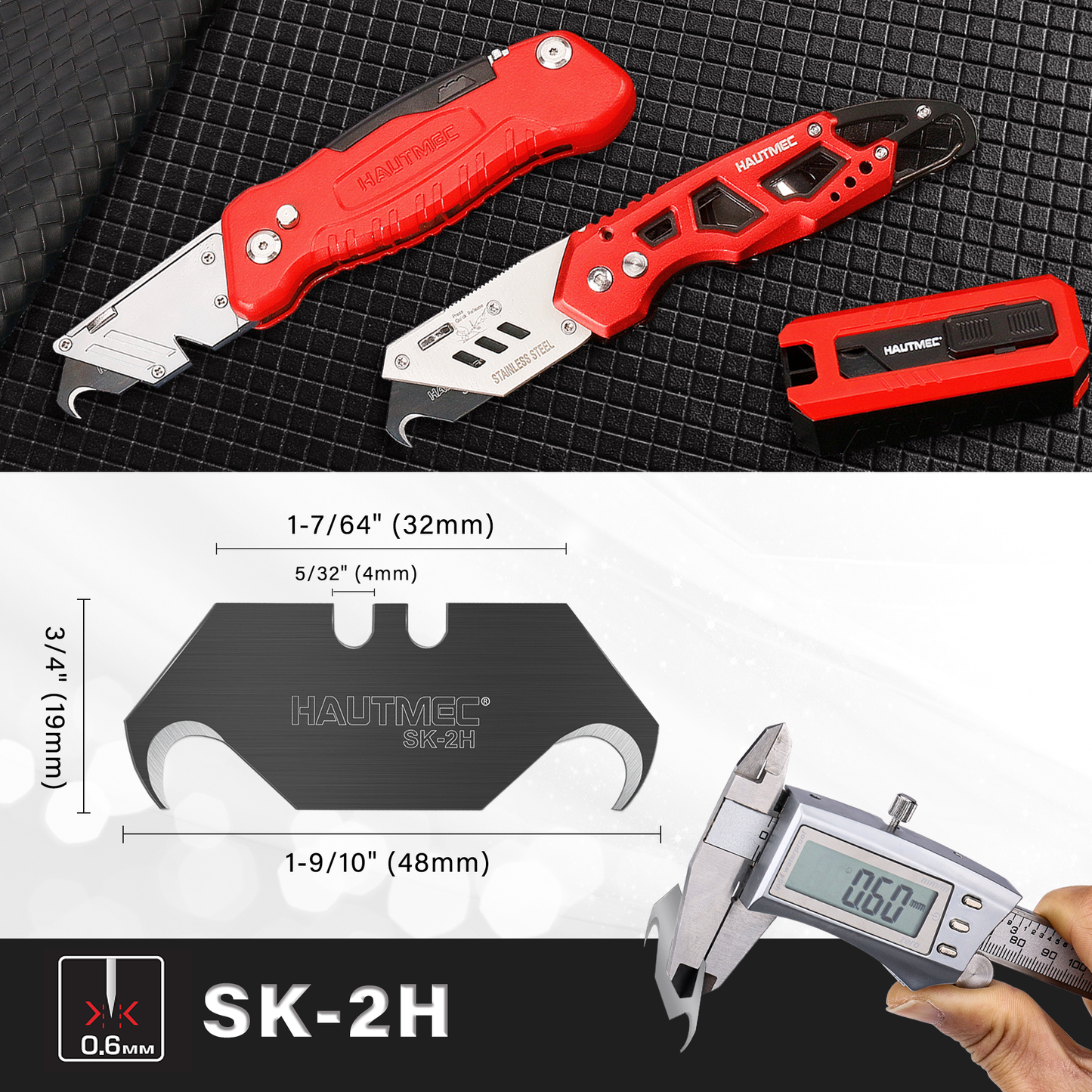 HAUTMEC Utility Knife Hook Blades, 10-Pack SK2H Steel Razor Blades with Innovative Safety Dispenser, Standard Size Replacement Blade for Heavy-duty Material Cutting – HTUBH25010