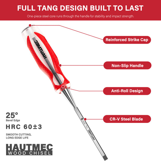 HAUTMEC 1" Wood Chisel for Woodworking & Carving. Drop-Forged CR-V Steel Beveled Edge Blade with Ergonomic Non-Slip Handle and Heavy-Duty Strike Cap – HT0362