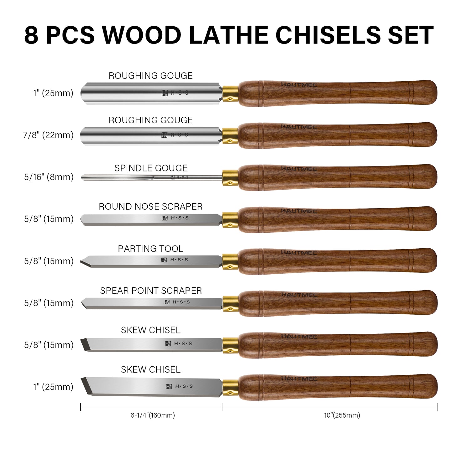 HAUTMEC Professional HSS Wood Turning Chisel Set 8 Pcs, Lathe Chisel Set with 3 Gouge 2 Skew 1 Spear Point 1 Parting 1 Round Nose Tools with 1680D Tool Bag for Professionals and Beginners - HTWCH25028