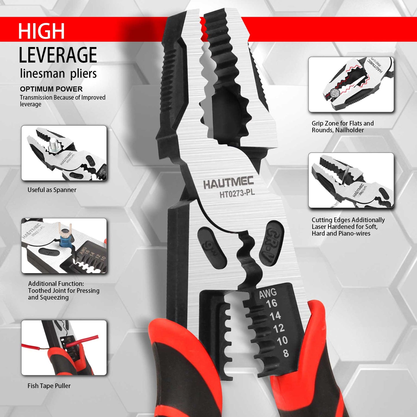 HAUTMEC 9" Linesman Pliers,High Leverage Combination Pliers 4 in 1 Multifunctional Heavy Duty Lineman Tools HT0273-PL