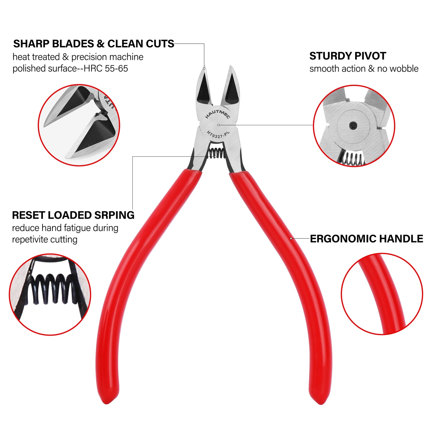 HAUTMEC 5" Precise Small Flush Cutting of Engineer Wire Cutter Plier 10PCS with Location Pin for Fine Shearing, Perfect for Circuit Board Cutting, Electronic Components, HT0327-10PC