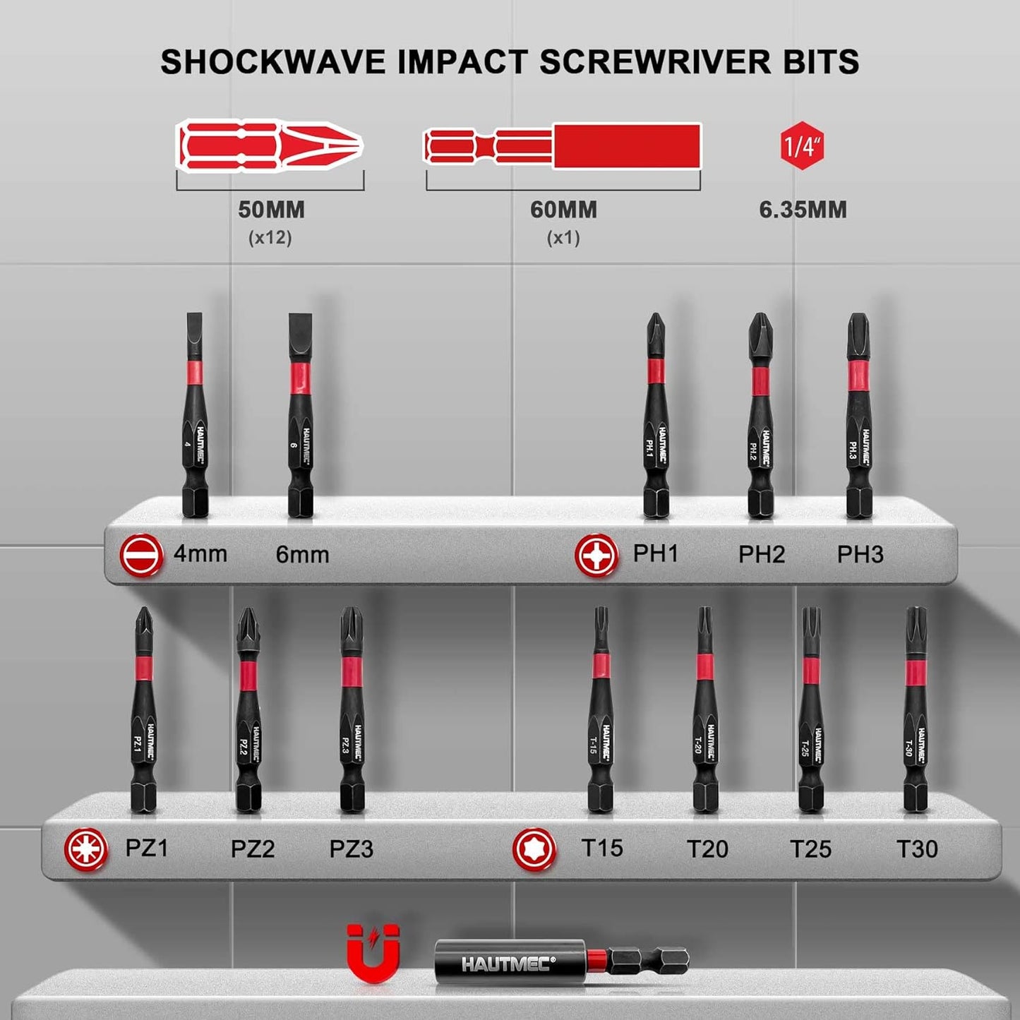 HAUTMEC S2 Impact Driver Bit Set with Screwdriver Bit Set, 1/4" Strong Magnetic Extension Bit Holder and Drill Bit Organizer HT0172-SS