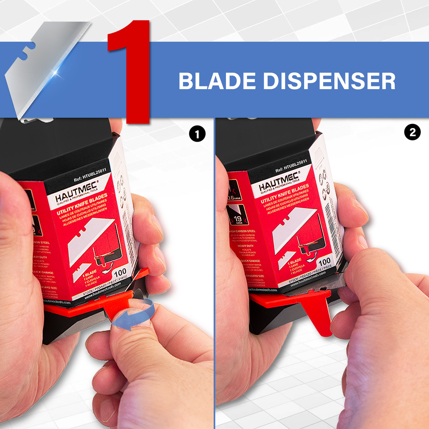 HAUTMEC 100 Pack Utility Knife Blades, Standard Box Cutter Blades with Innovative Safty Dispenser, Premium Carbon Steel Utility Blade Replacement, for Box, Carpet, Rope - HTUBL25011