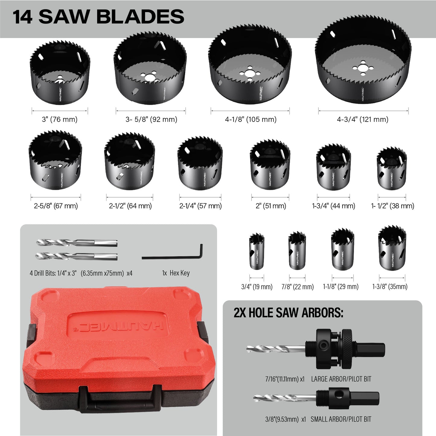 HAUTMEC 21-Piece Bi-Metal Hole Saw Kit, 3/4″–4-3/4″ (19–121mm), Heavy-Duty HSS Blades with 2 Arbors, 4 Drill Bits, Hex Key & Storage Case for Wood, Drywall, PVC & Thin Metal – HTHOH25013