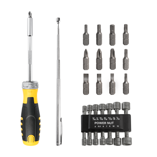 HAUTMEC 28 Pcs Magnetic Ratcheting Screwdriver Set, Multi-bit Screw Driver Set Including CRV Screwdriver Bits, Nut Driver Set and Telescoping Magnetic Pickup Tool for DIY, Electronics, Auto Repair,HT0443