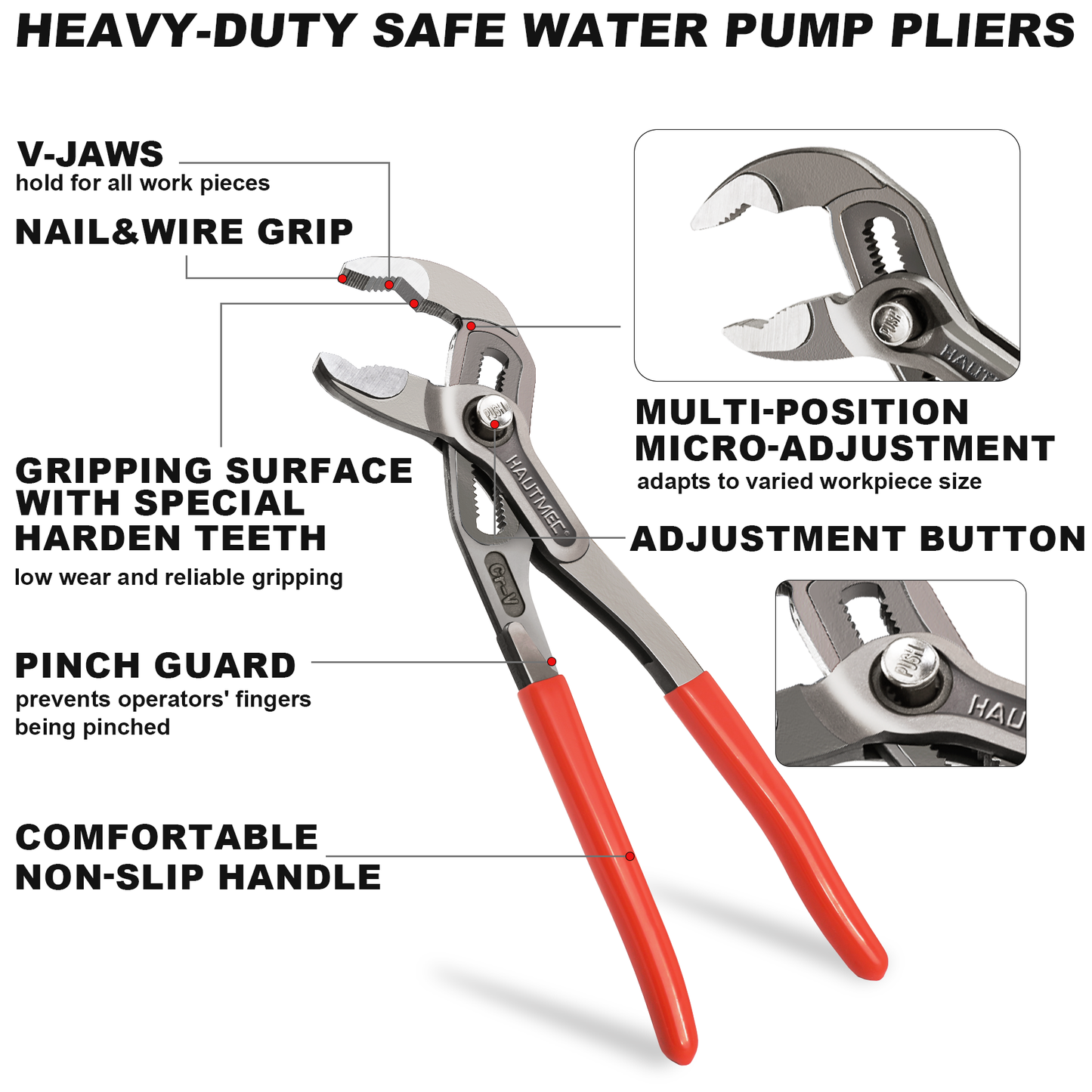 HAUTMEC 16-Inch Water Pump Pliers, Fast Adjustable Tongue and Groove Joint Pliers, V-Jaw with Comfort Grips, Rust-Proof CRV Steel Construction for Plumbing, Home Repair, and Pipe Fittings HT0369-PL