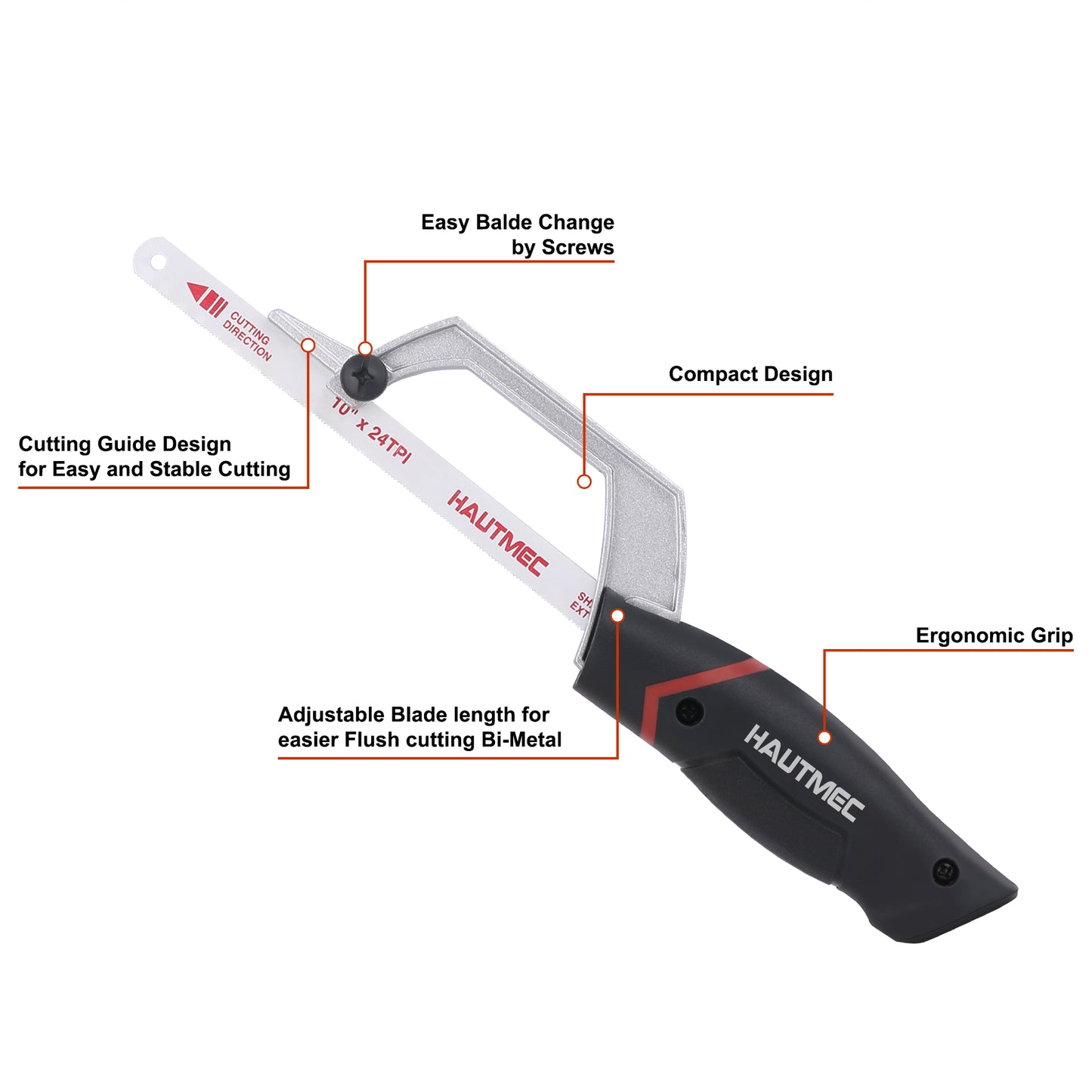 HAUTMEC Compact Mini Hacksaw With Hack Saw Bi-Metal Blade and Cutting Guide, Alluminium Alloy Solid Frame, For Easy Cutting, Especially Cuts in Tight Hard-Reach Spaces HT0309-MS