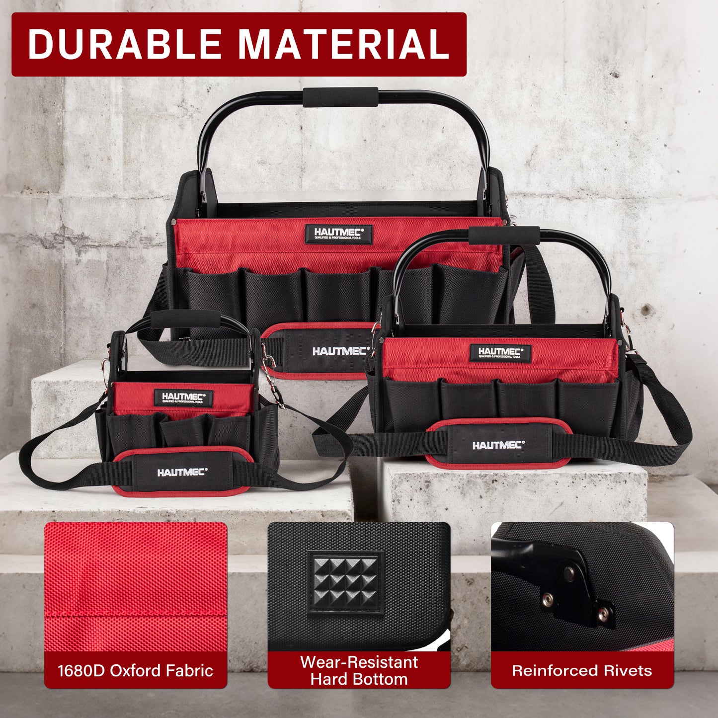 HAUTMEC 3PCS Heavy Duty Tool Tote Bag Set, 1680D Rigid Frame Tool Bags with Foldable Handle & Padded Shoulder Strap, Water-Resistant Hard Base, Multi-Pocket Tool Box Organizer – HTTBH25052