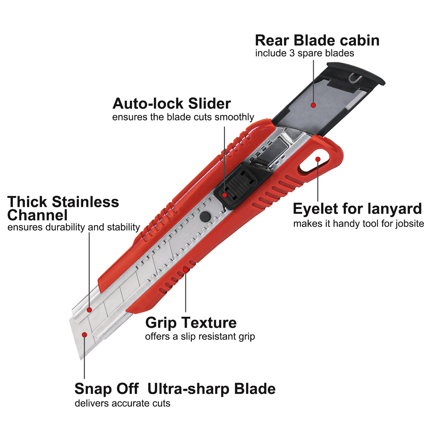 HAUTMEC 25mm Extra Heavy-Duty Utility Knife, Snap-off Retractable Box Cutter with 3pcs Sharp Blades, Auto-lock Mechanism, Sturdy Body HT0080-KN