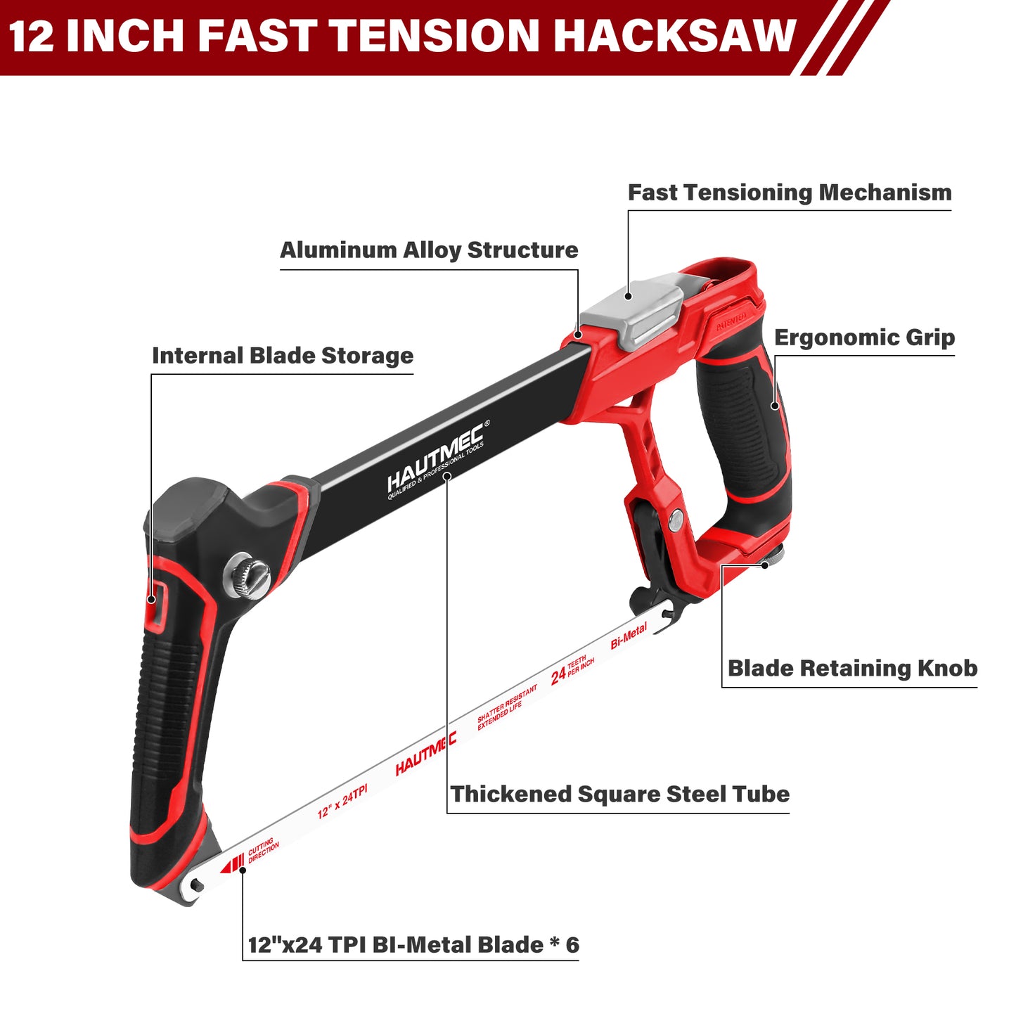 HAUTMEC 12" Fast Tension Hacksaw with Extra 5 HSS Blades, Heavy-Duty Aluminum Frame, Quick-Change Tension, Blade Storage, Pro Hack Saw with Dual Cutting Angles for Metal, PVC, Wood - HTHSH25034