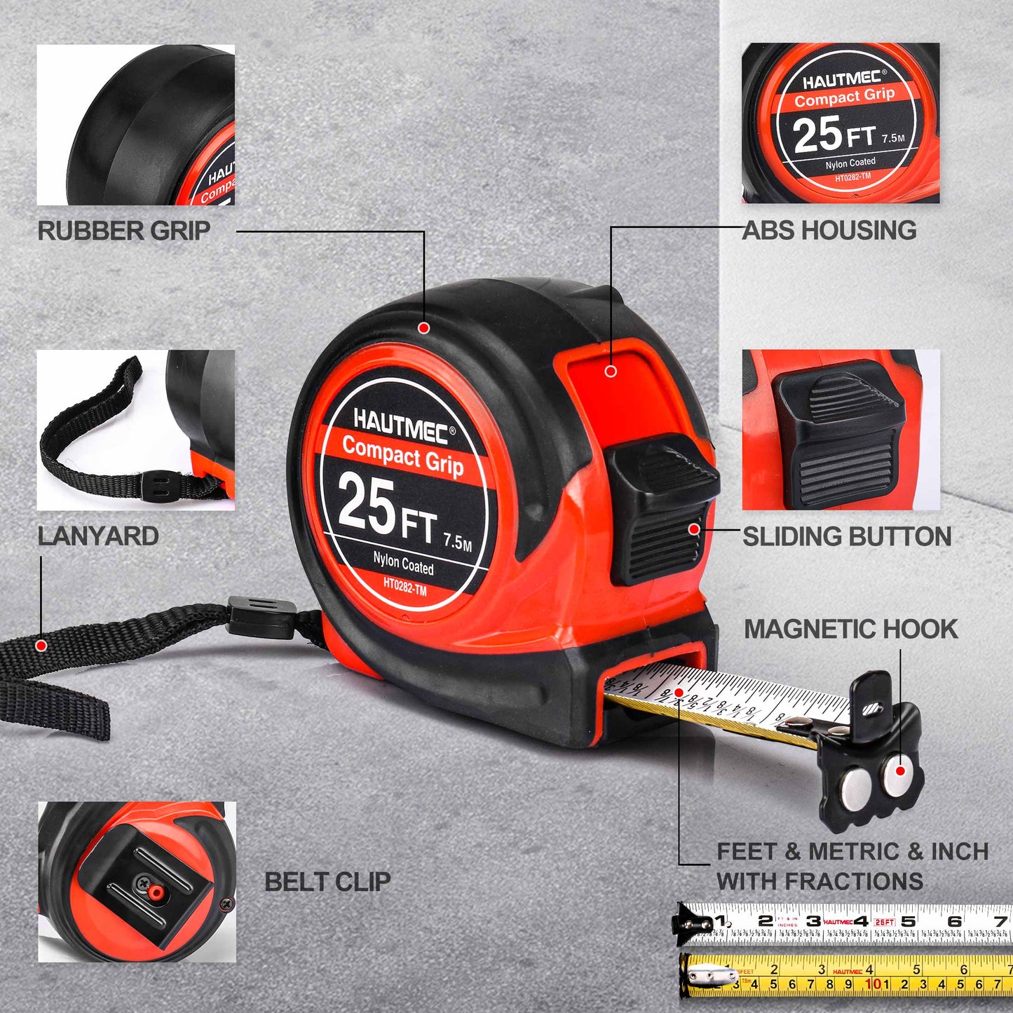 HAUTMEC Tape Measure 25Ft with Fraction 1/8,Double Side Metric and Inches Tape,Retractable Tape Measure,Magnetic Hook and Compact Case for Construction, Carpenter, Professionals HT0282-TM