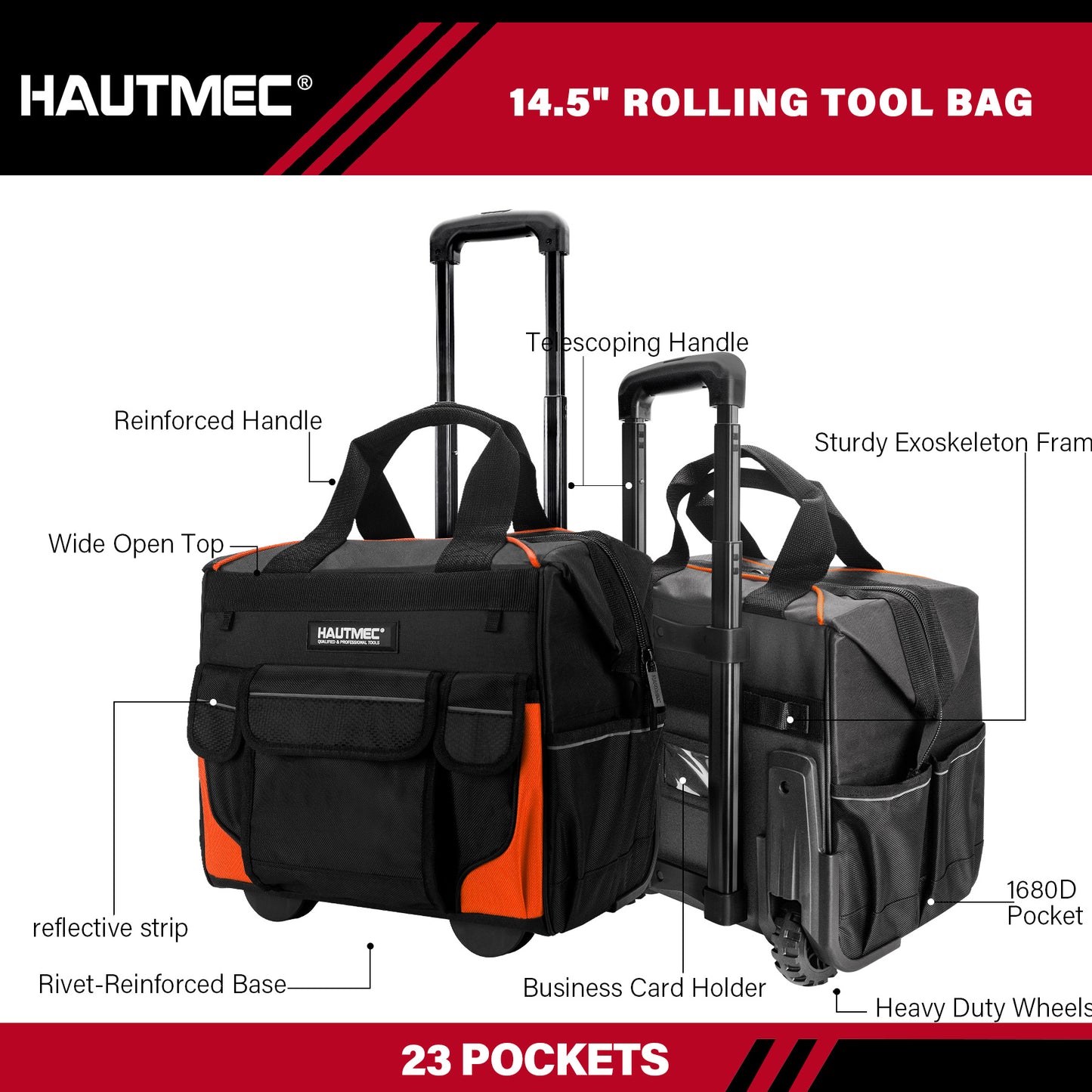 HAUTMEC 14.5" Rolling Tool Bag With Wheels Portable Tool Bag With Adjustable Telescoping Handle Wide Mouth Storage Organizer Perfect Mens Gifts, 600D Orange,HT0353