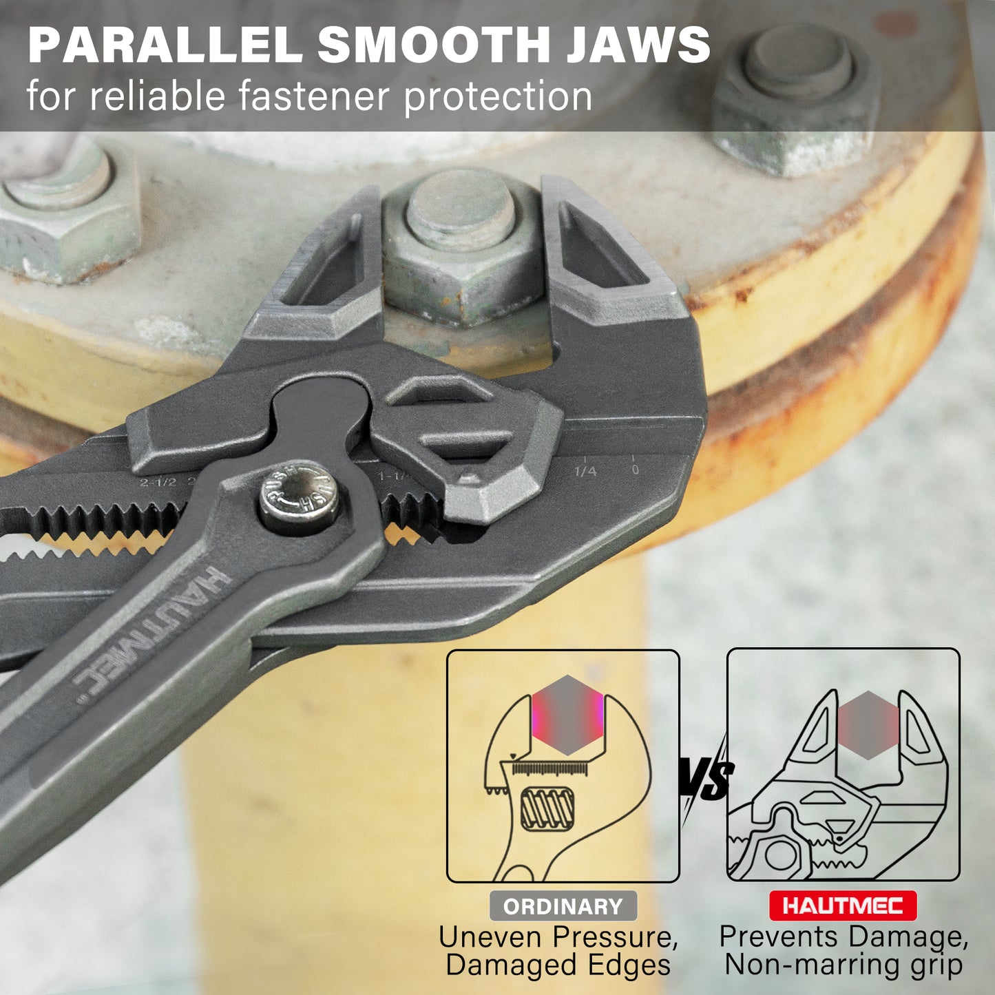 HAUTMEC Adjustable Pliers Wrench, 7-Inch Smooth Jaw Parallel Pliers, Heat-Treated CR-V Steel & Phosphated Rust-Resistant, SAE/Metric Scale, Storage Belt Pouch for Professional Plumbing & DIY HTAWH25023