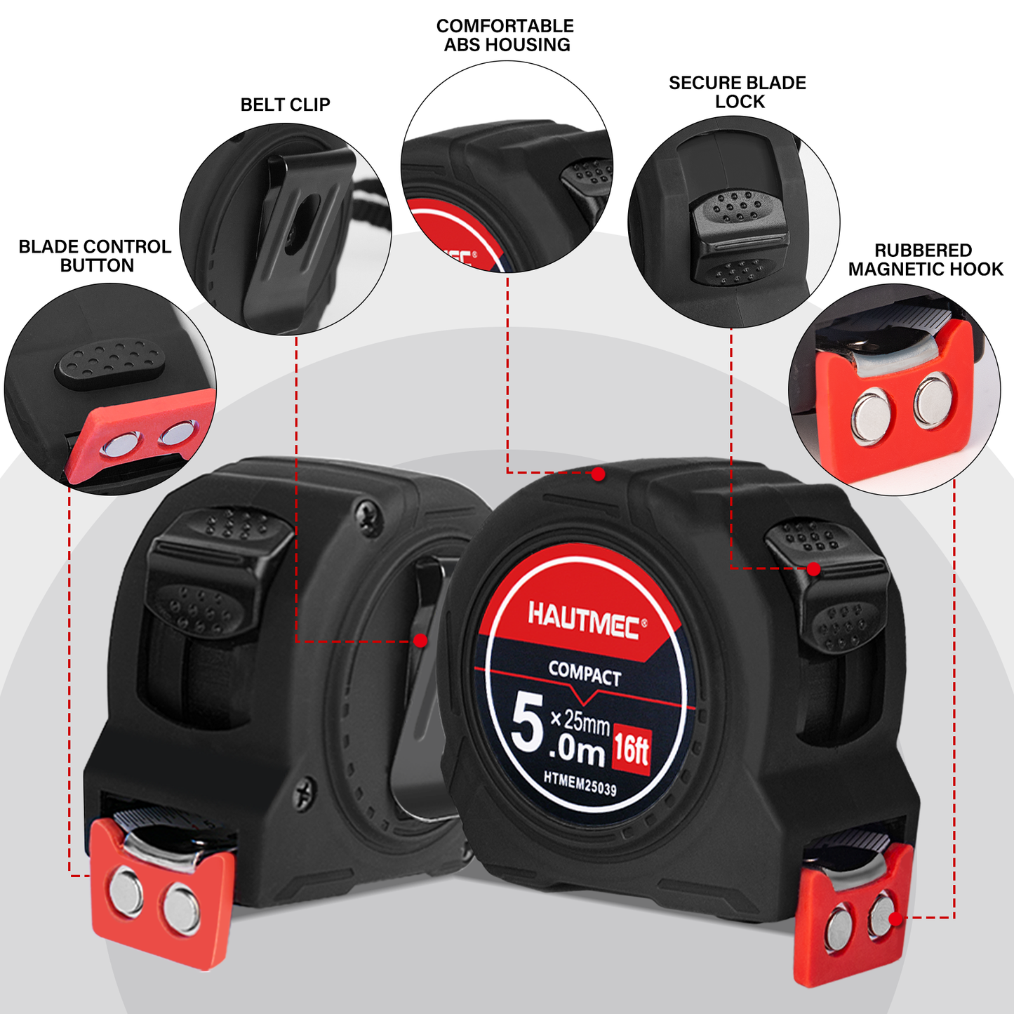 HAUTMEC 6 Pack Compact Tape Measures 16FT/5M, Heavy-Duty Tapes in Bulk &nbsp;with 1/8 Fractions, Rubberd Magnetic Hook &nbsp;and Double Lock Mechanism, HTMEM25039