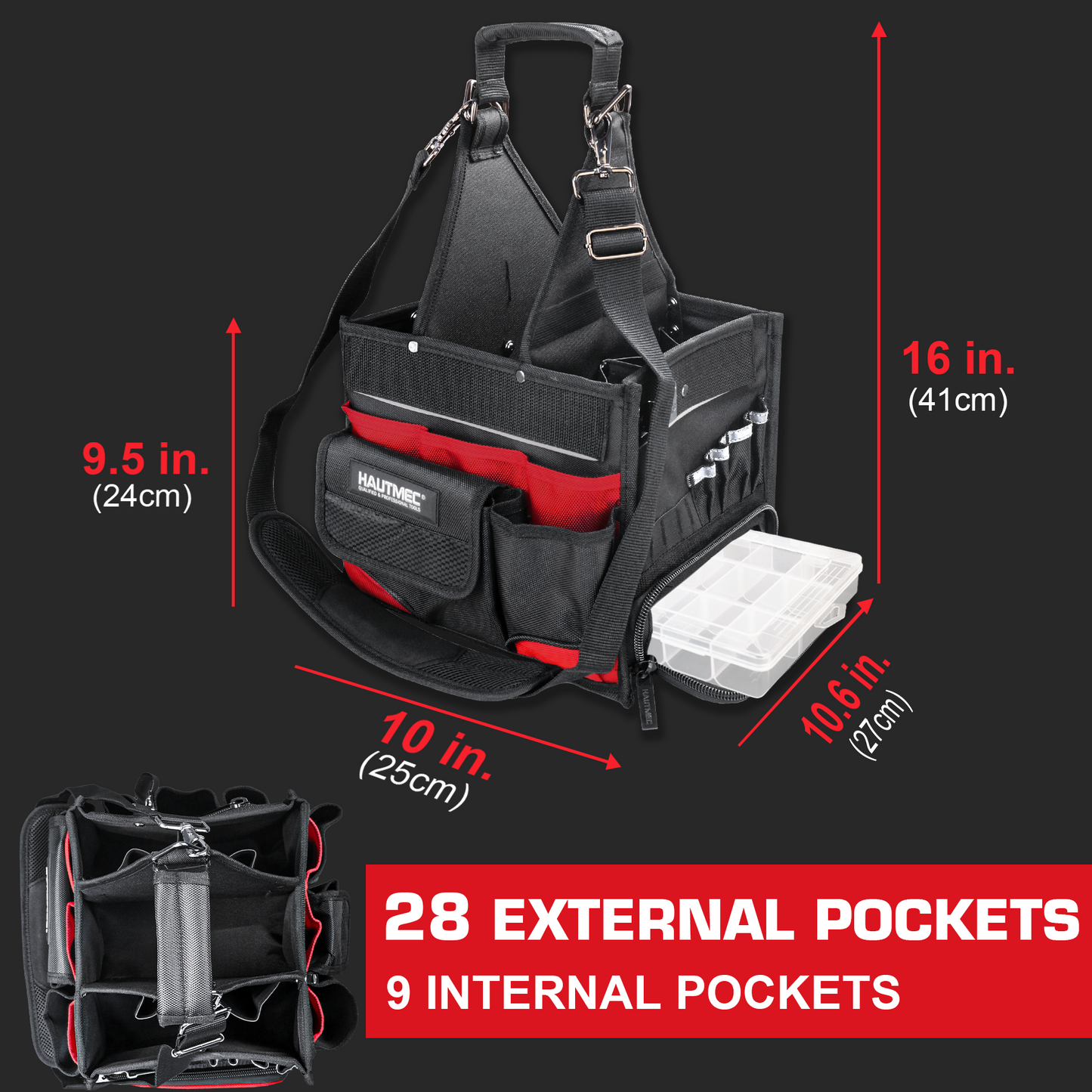 HAUTMEC Electrician Tool Bag with Parts Tray, Heavy-Duty 37-Pocket Open Top Tool Tote, Reinforced Base, Water-Resistant, Adjustable Shoulder Strap – HT0174