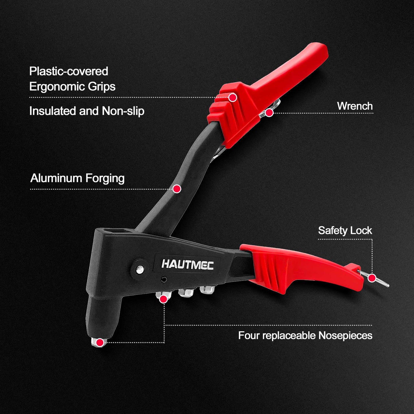 HAUTMEC Heavy Duty Rivet Gun,Pop Rivet Gun with 4 Interchangeable Rivet Heads,Durable Hand Riveter for Plastic, Metal, Leather, Wood HT0125-HR