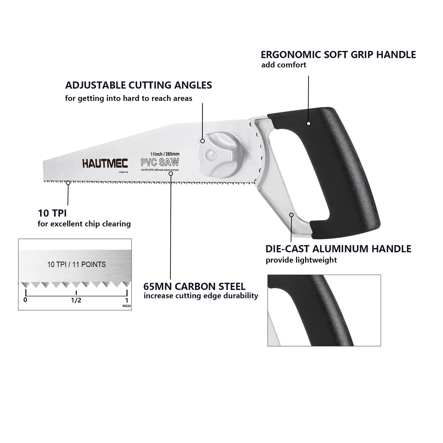 HAUTMEC Heavy Duty 11-Inch PVC/ABS Pipe Saw And General Purpose Hand saw, Adjustable Cutting Angle, For Cutting Pipe In Tight Spaces, for Trimming, Gardening, Wood, Drywall, And Plastic HT0027-SA