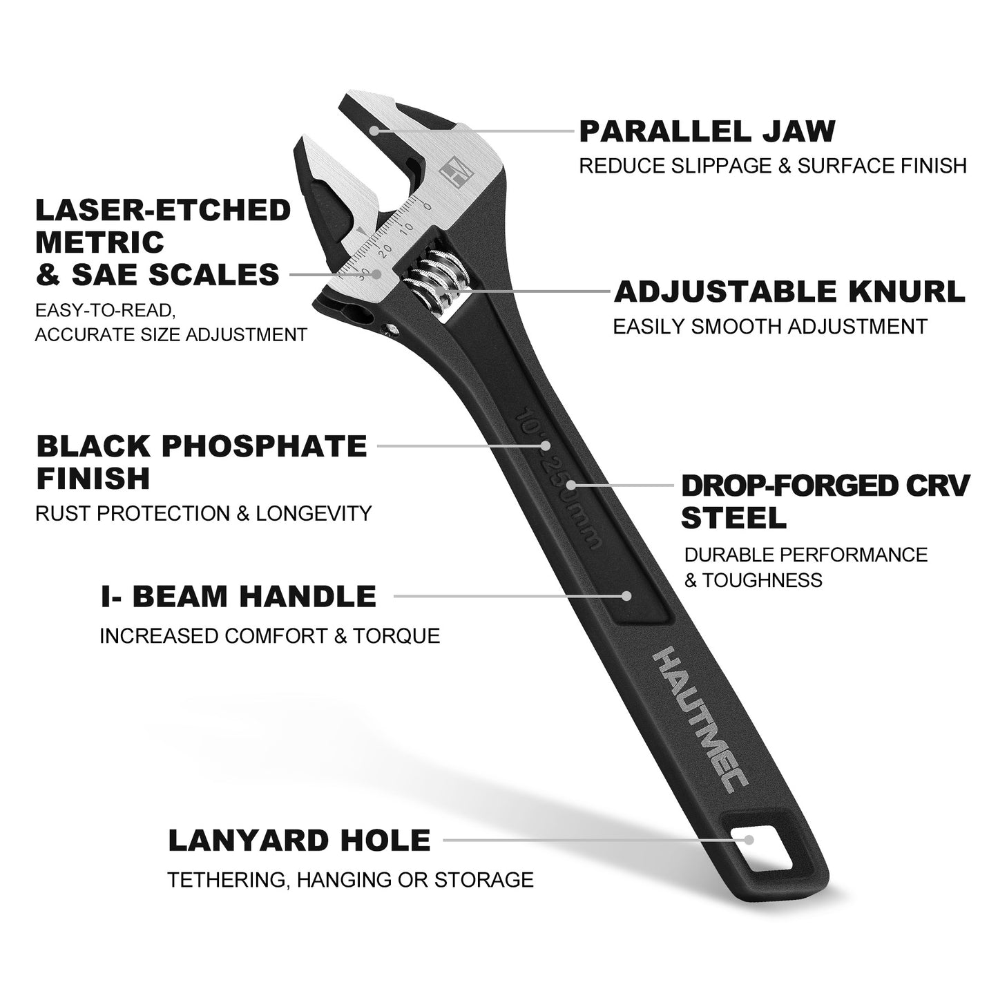 HAUTMEC 10 inch Adjustable Wrench Extra Wide Jaw Black Finish Adjustable Wrenches Drop-Forged CR-V Steel Metric & SAE Scales for Home Garage Workshop DIY, HT0374
