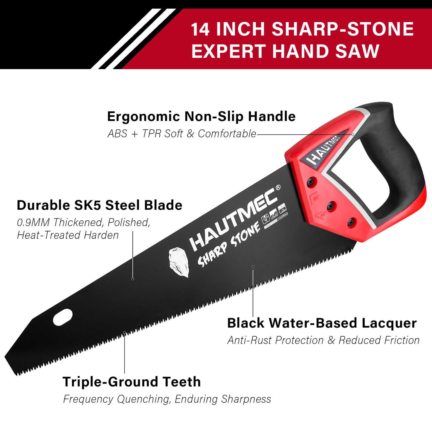 HAUTMEC 14" Expert Hand Saw for Accurate, Clean & Labor-Saving Cutting, 11 TPI Fine-Cut Handsaw with SK5 Rust-Resistant Blade, Triple Ground Teeth, Ergonomic Non-Slip Handle for Wood, PVC – HT0301