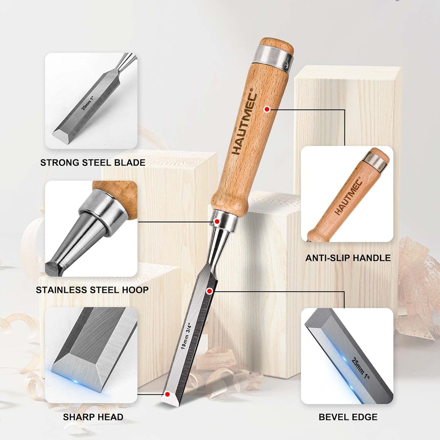 HAUTMEC 4PCS Wood Chisel Set for Woodworking, Carpentry Carving Tool with Bevel Edged Steel Blade, High Impact Handle for Woodcutting Sharpening HT0235-WW