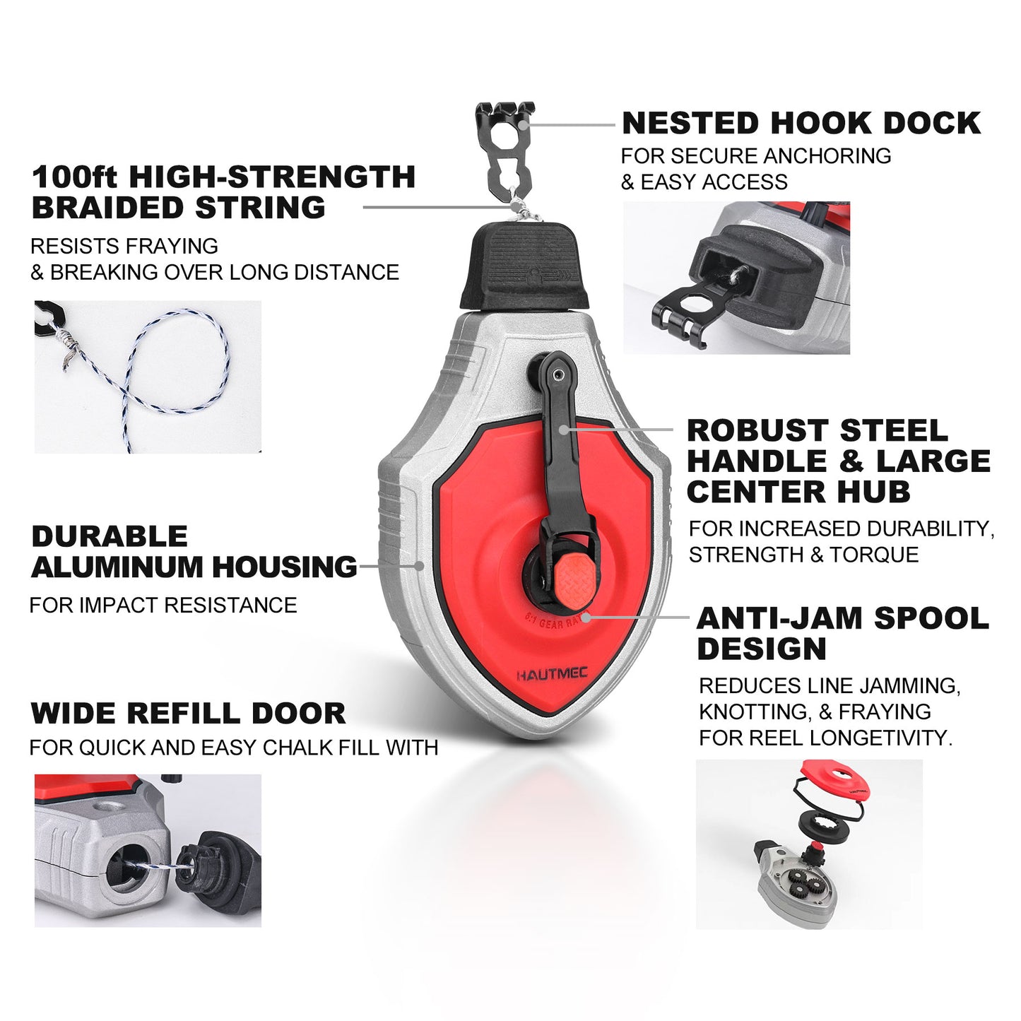 HAUTMEC Pro Aluminum Alloy Chalk Reel 30M/100ft Kit，6:1 Ratio Gear Speed, Strong Chalk Line for Carpenters & Builders, HT0356