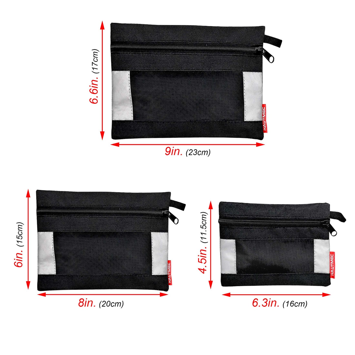 HAUTMEC 3 Pieces Small Tool Pouch, Multi Function Zippered Tool Poly Bag with Mesh Window, Heavy-Duty Clip Organizer HT0126-TB