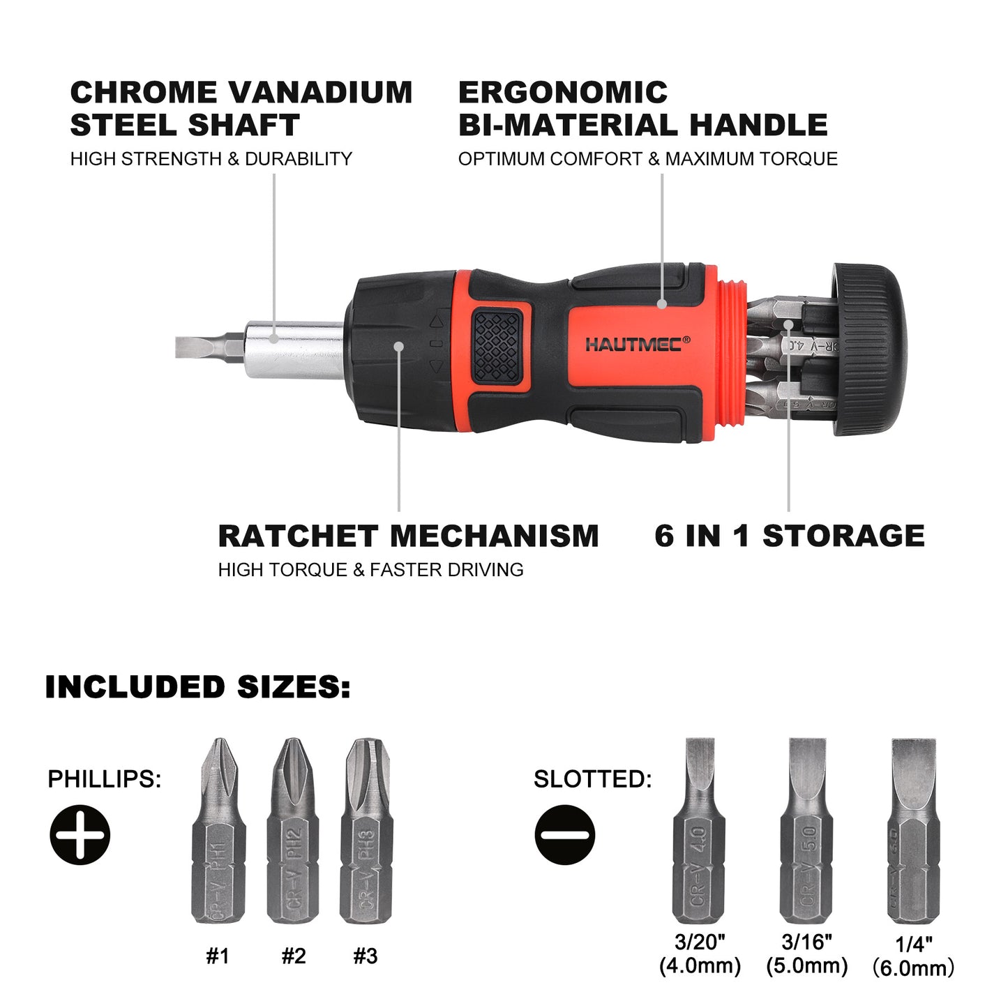 HAUTMEC 6-in-1 Stubby Ratcheting Screwdriver Set, Multi Screwdriver Tool All in One, Ratchet Screwdriver Set with Multi Bit Screw Driver, Chrome Vanadium Steel Shaft, 3PCS Phillips and 3PCS Slotted，HT0385