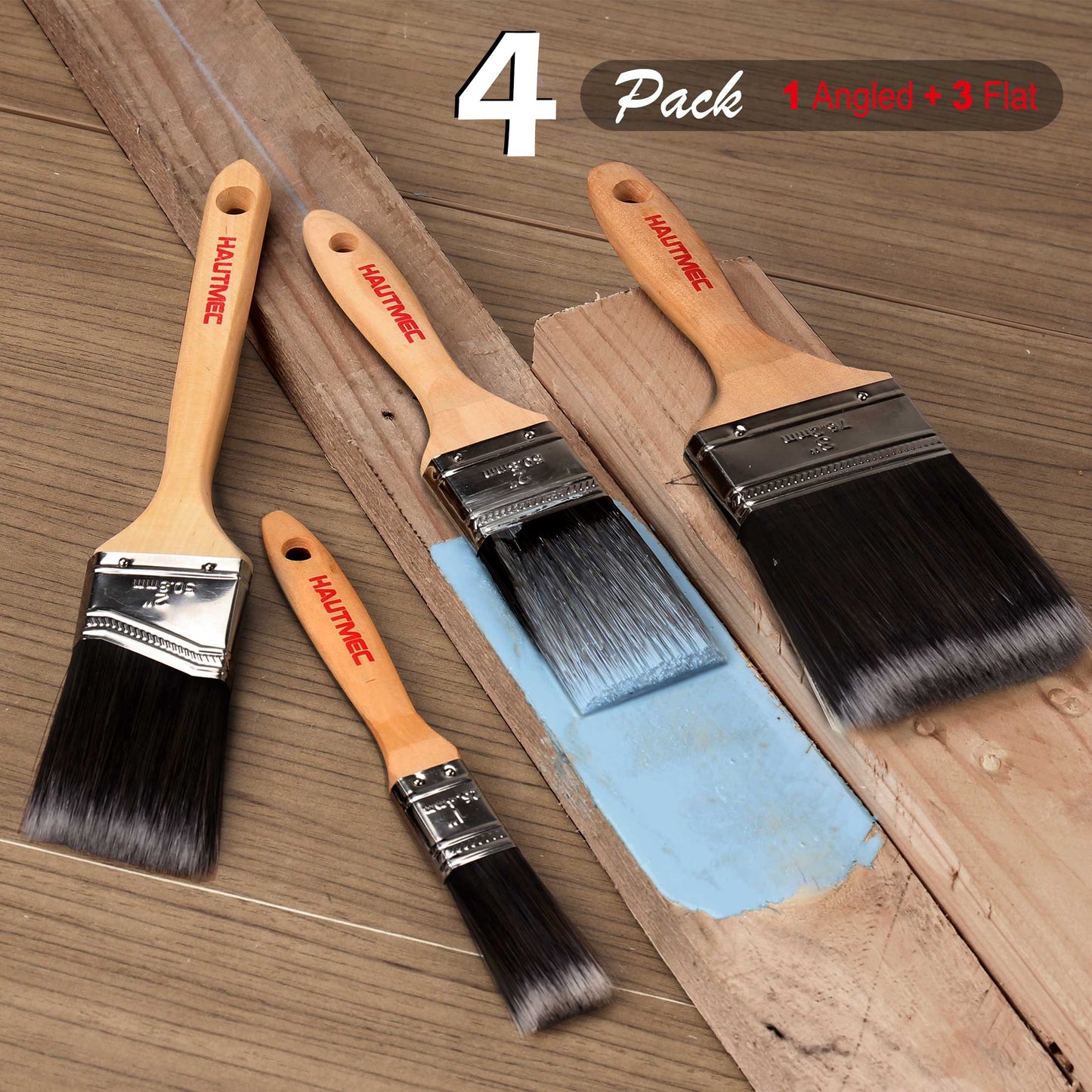 HAUTMEC Paint Brushes,4 Pk Treated Wood Handle Stain Paint Brush Set HT0029-PT