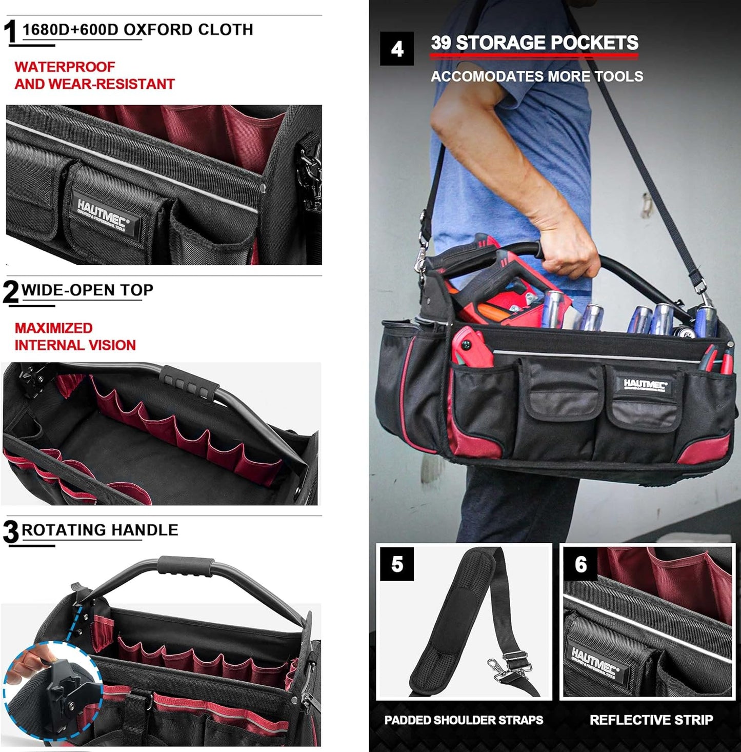 HAUTMEC Open Top Electrician Tool Bag with Rotating Handle, Heavy Duty Multiple 39 1680D Pockets, 18" (47cm) Wide Stiff Frame Tote Bag, Electrical and Maintenance Tote Tool Box HT0178-TB