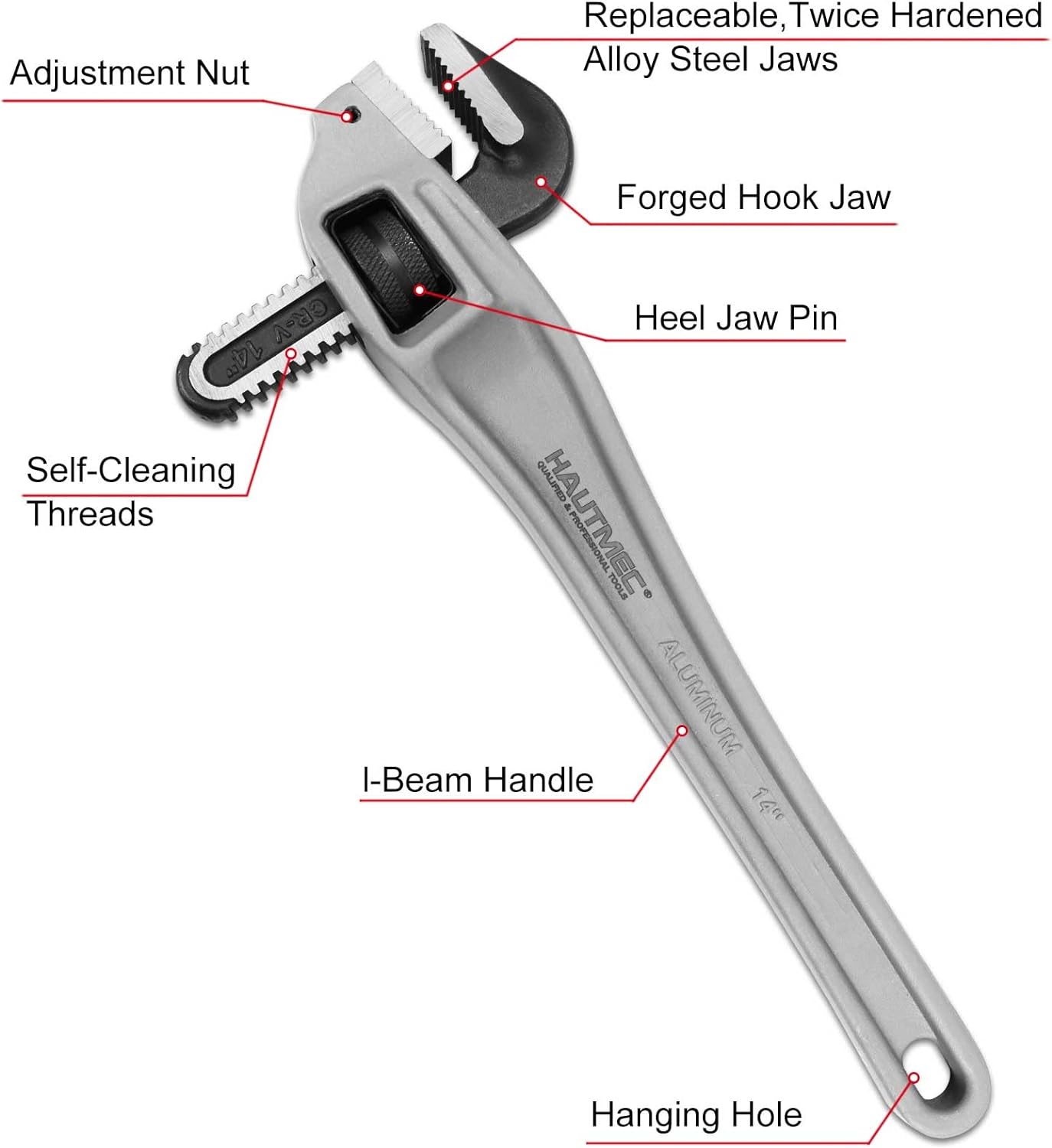 HAUTMEC 14 Inch Aluminum Offset Pipe Wrench, Heavy Duty Adjustable Plumbing Wrench, 2" Jaw Capacity, 40% Lighter Drop Forged Construction, for Use in Tight Spaces HT0189