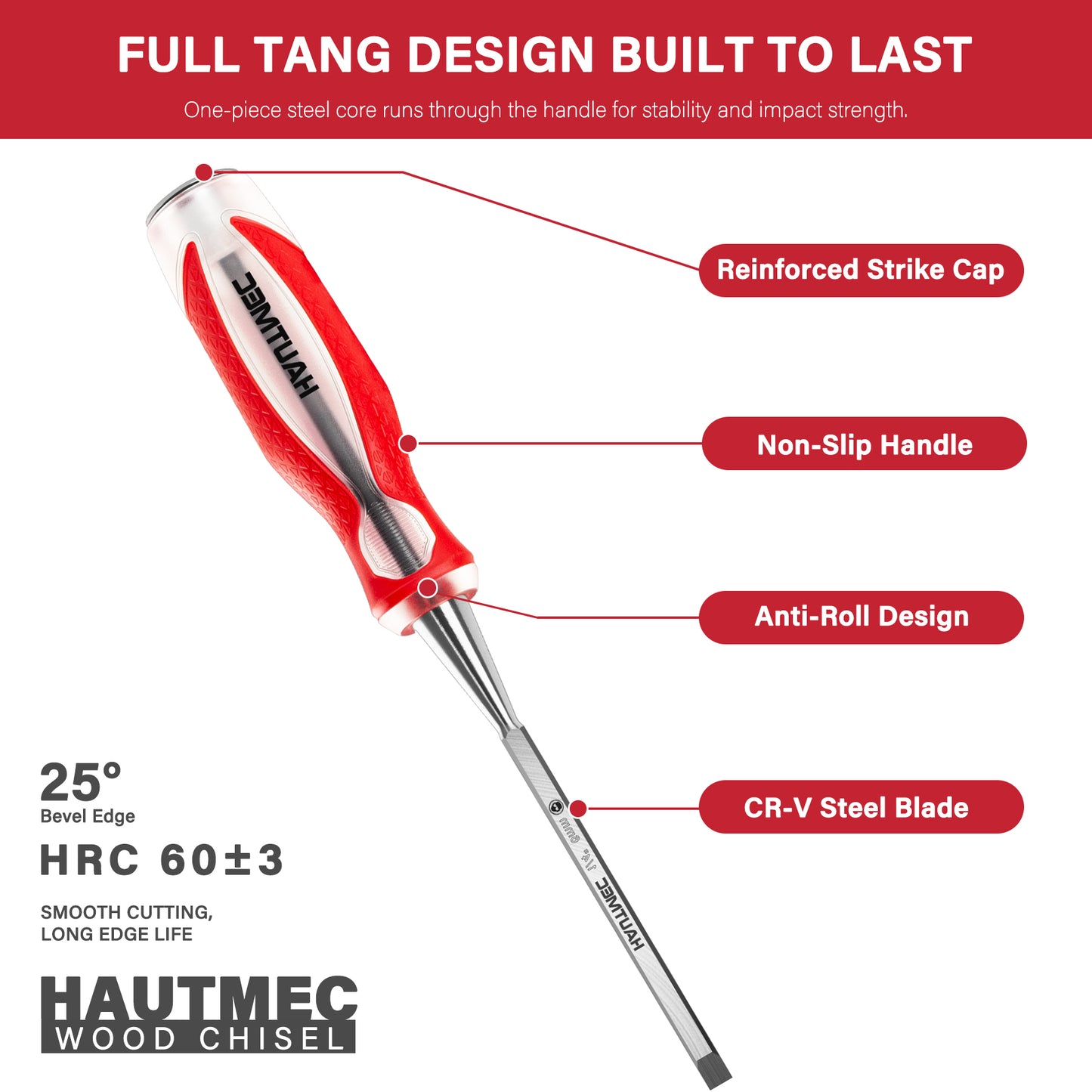 HAUTMEC 1/2" Wood Chisel for Woodworking & Carving. Drop-Forged CR-V Steel Beveled Edge Blade with Ergonomic Non-Slip Handle and Heavy-Duty Strike Cap, HT0360