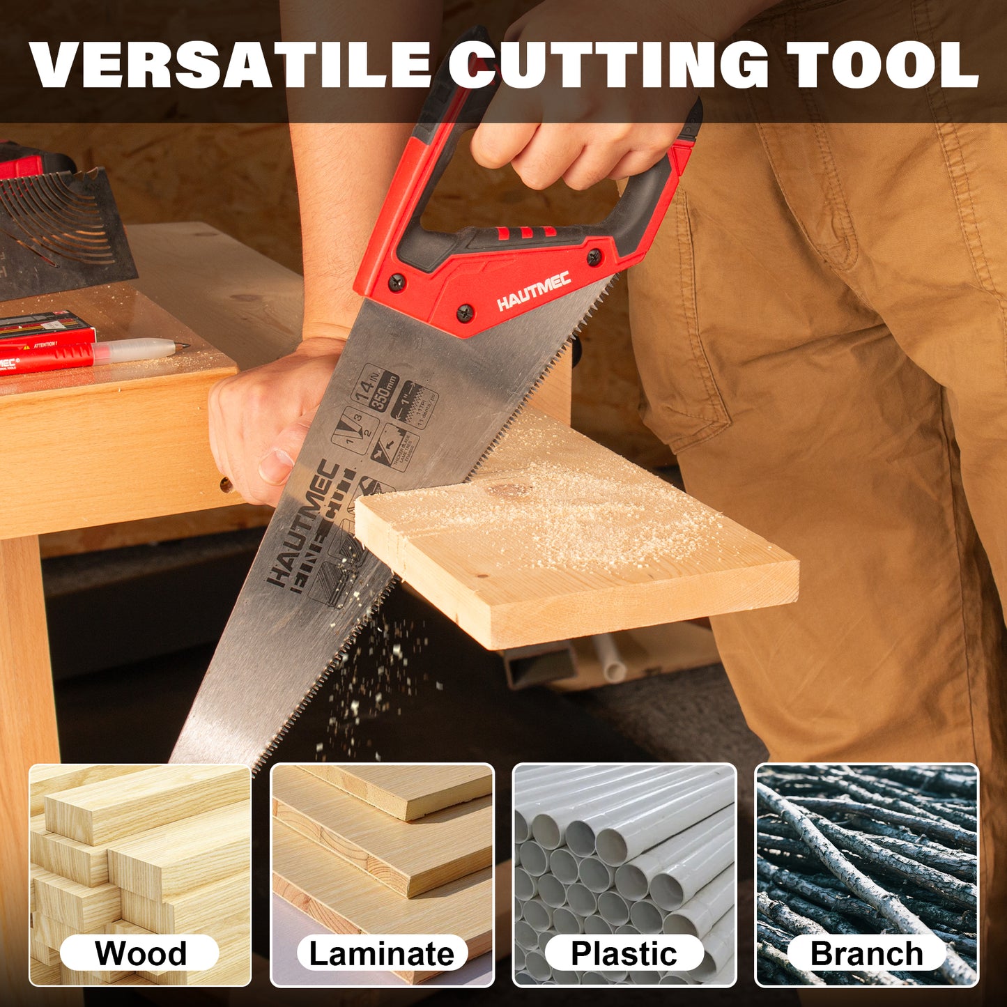 HAUTMEC 14 in. Universal Hand Saw - 11 TPI Fine Cuts Wood Saw - Professional Universal Saws for Wood, Laminate And Plastic - Crosscut Saw, HT0024