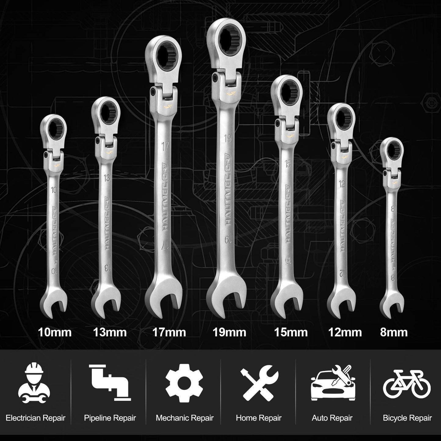HAUTMEC 7-Piece Flex-Head Ratcheting Combination Wrench Set, Metric 8-19mm, 72-Teeth Chrome Vanadium Steel with Storage Rack for Mechanics, Auto Repair, Household Tool kit HT0127-RW