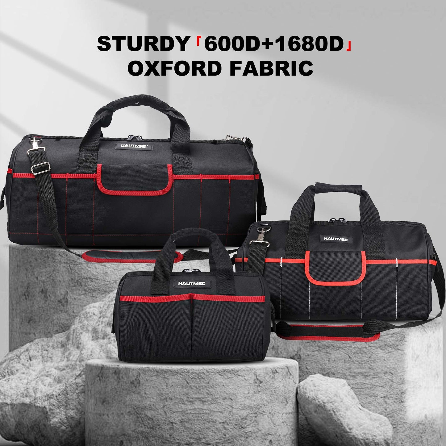 HAUTMEC 3PCS Wide Mouth Tool Bags Set, Heavy Duty Tool Bag with Large Capacity and Waterproof Base,12-inch Small Tool Bag,18-inch Medium Toolbag,24-inch Large Tool Storage Bag for Construction HT0297