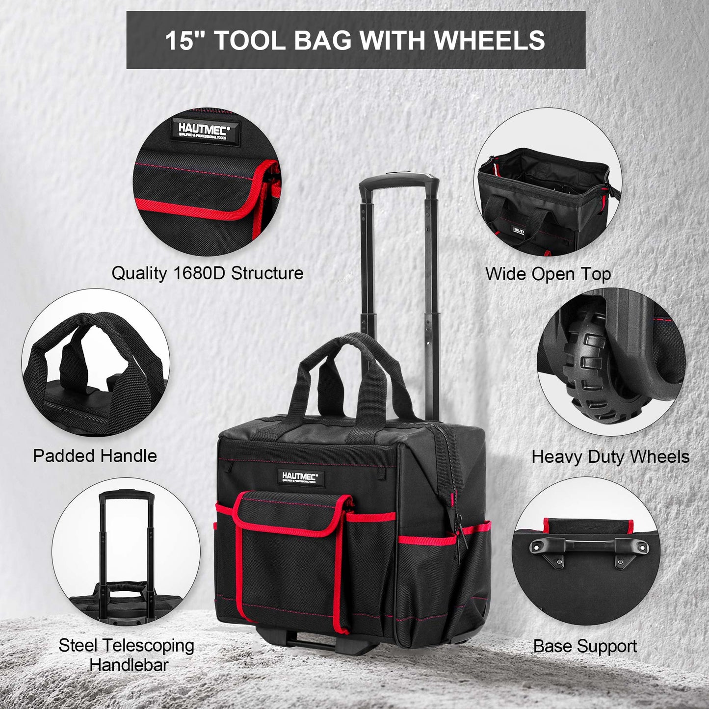 HAUTMEC 2PCS Tool Organizer Set, 15”Rolling Tool Bag with Wheel and 15" Wide Mouth Tool Bag,1680D Heavy Duty and Portable Rolling Tool Bag HT0288-TB