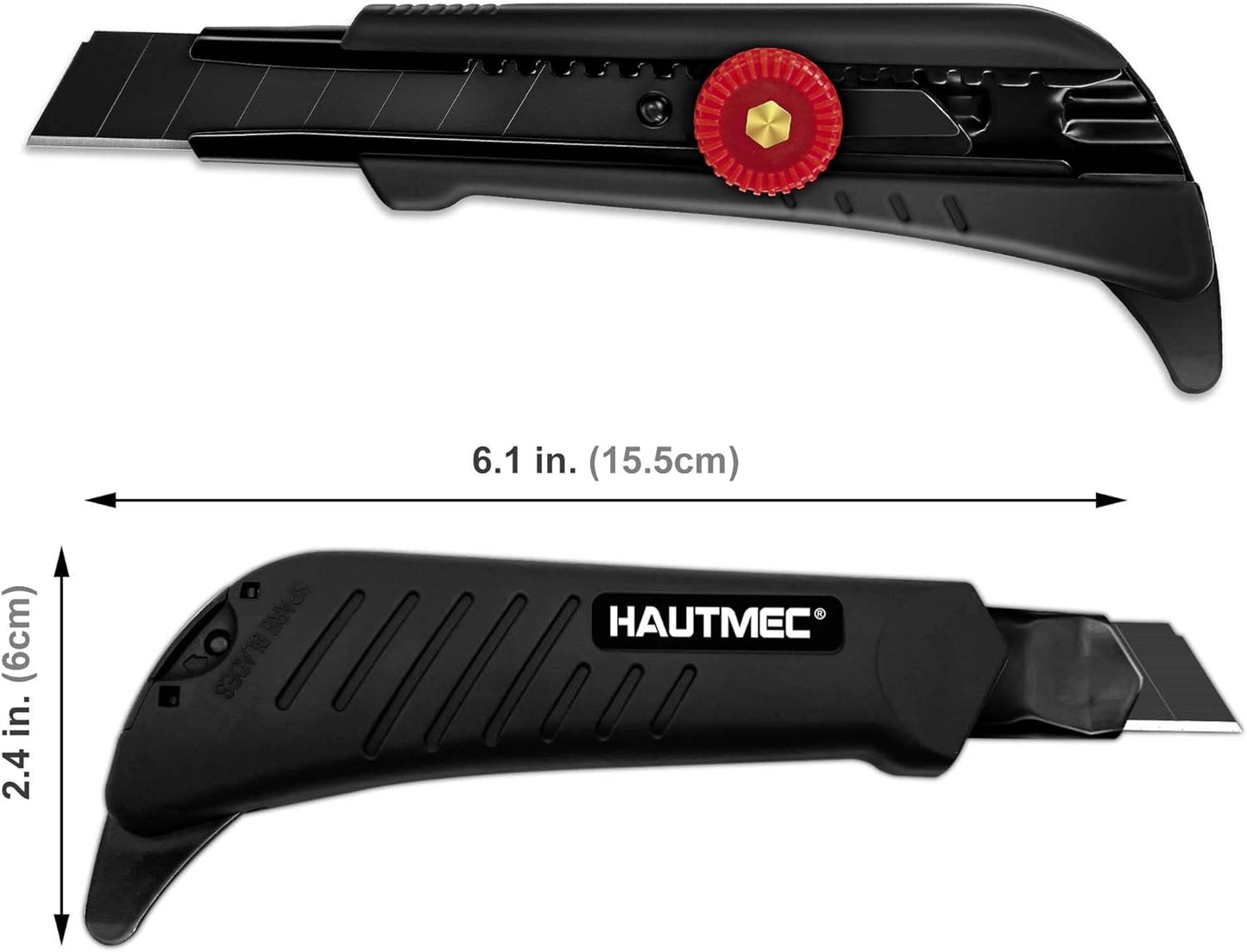 HAUTMEC 18mm Heavy Duty Utility Knife with Multi-Pick, Snap Off Ultra-Sharp Black Retractable Box Cutter, Ratchet & Soft-grip Cutter HT0248-KN