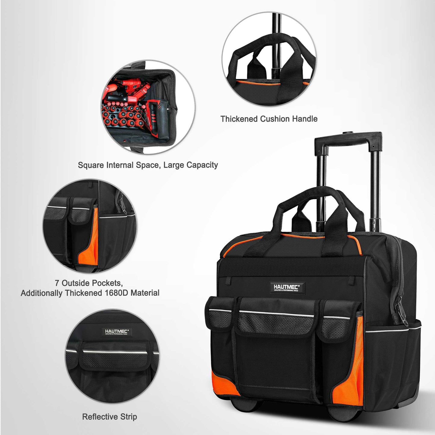 HAUTMEC 14.5" Rolling Tool Bag With Wheels Portable Tool Bag With Adjustable Telescoping Handle Wide Mouth Storage Organizer Perfect Mens Gifts, 600D Orange,HT0353