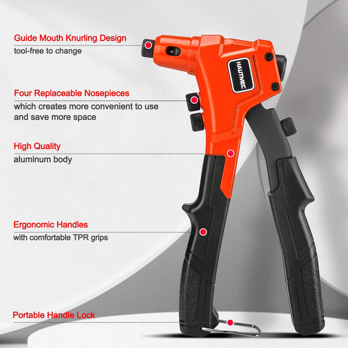 HAUTMEC Pop Rivet Gun,4 in 1 Hand Riveter with 4 Tool-Free Interchangeable Rivet Heads HT0087-HR